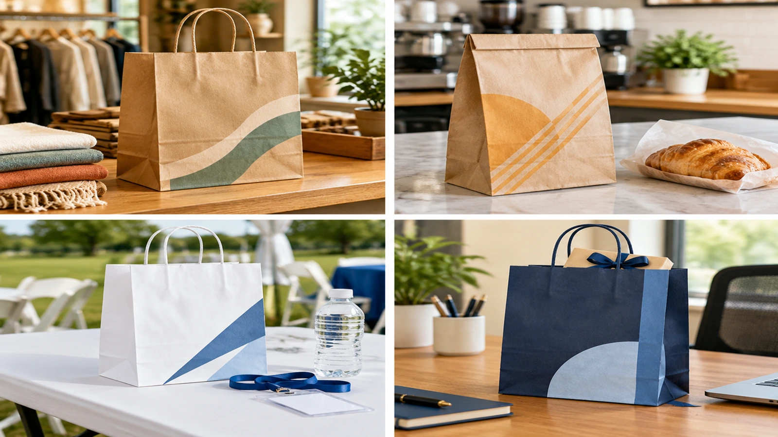 Quattro sacchetti di carta kraft personalizzati in contesti di negozio, ristorante, evento e regali aziendali