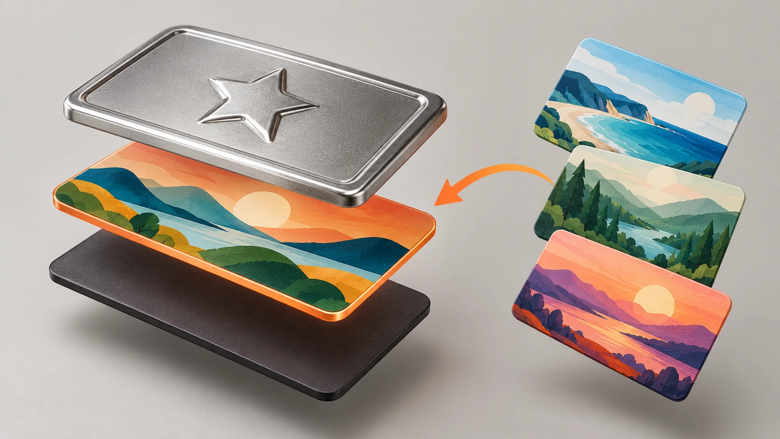 Vista esplosa di un magnete da frigorifero in banda stagnata personalizzato, con una base metallica goffrata condivisa, uno strato stampato modificabile e un retro magnetico flessibile