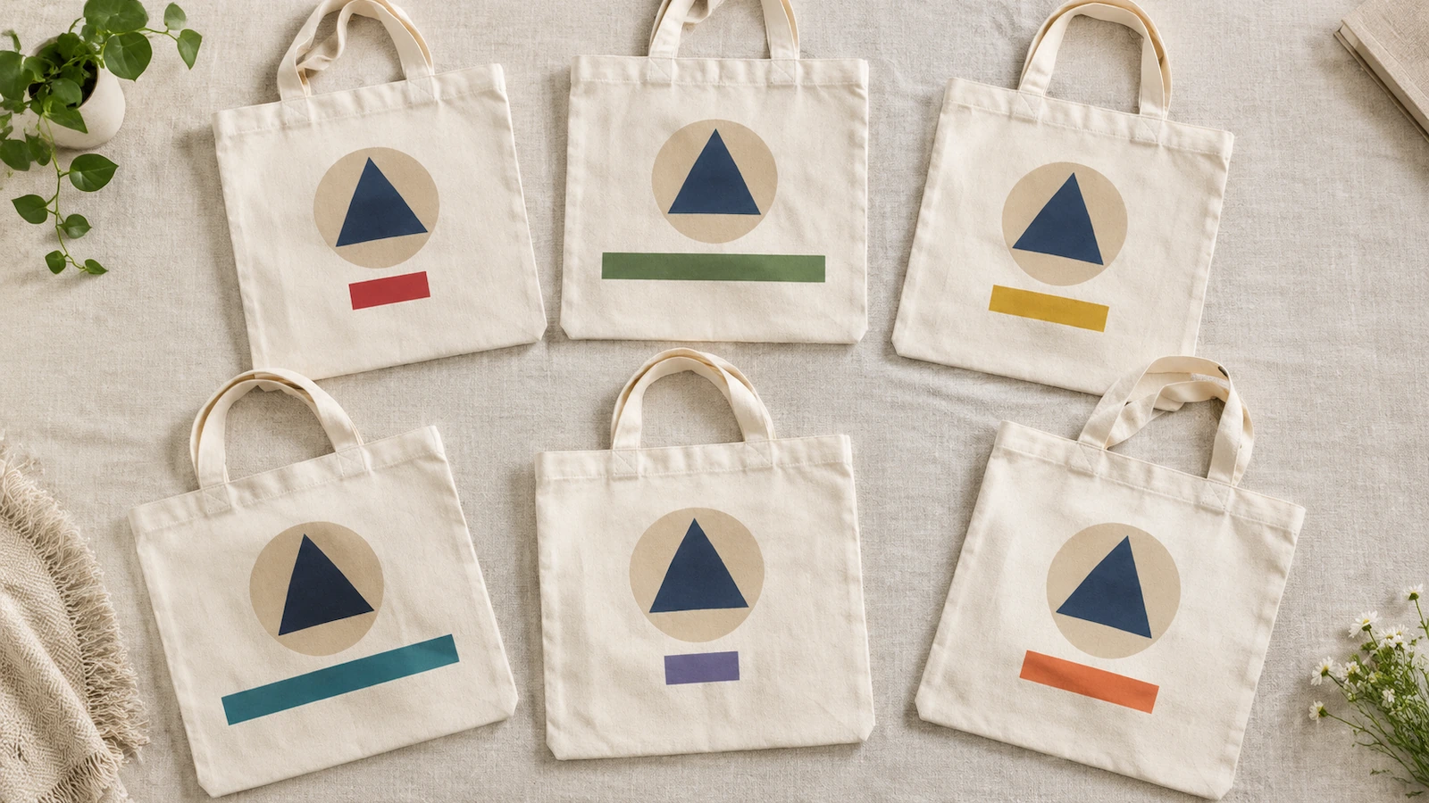 Fila di borse tote in cotone naturale con la stessa forma di logo, ciascuna con una fascia di colore diverso dove è stampato il nome del destinatario