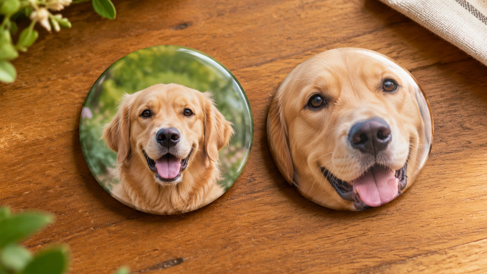 Due spille tonde con la foto di un golden retriever: una ben centrata con sfondo aperto attorno alla testa, una ritagliata in modo che le orecchie si pieghino sul bordo
