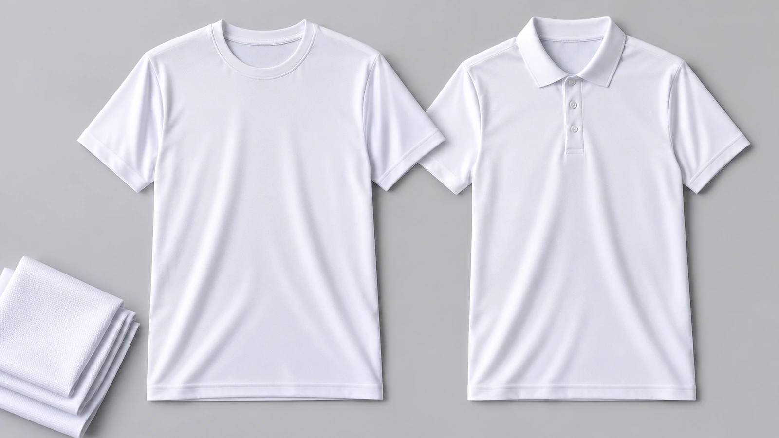 Maglietta unisex bianca in poliestere per sublimazione stesa accanto a una polo tecnica bianca su una superficie grigio chiaro