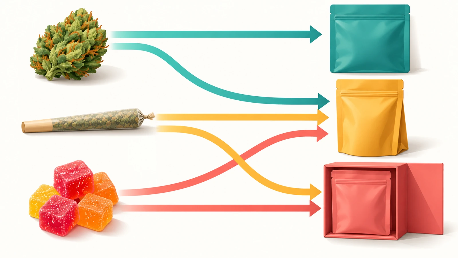Diagramma di flusso decisionale con forme colorate e frecce che indirizza infiorescenze, pre-roll ed edibili verso formati di busta piatta, autoportante o in scatola