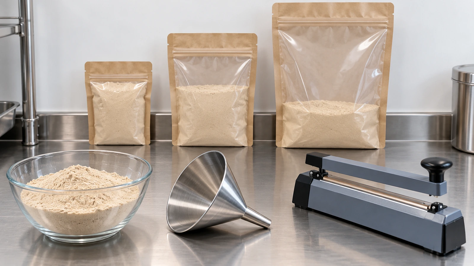 Fila di sacchetti flat semplici in tre formati riempiti con la stessa quantità di polvere, confrontati fianco a fianco durante una prova di riempimento