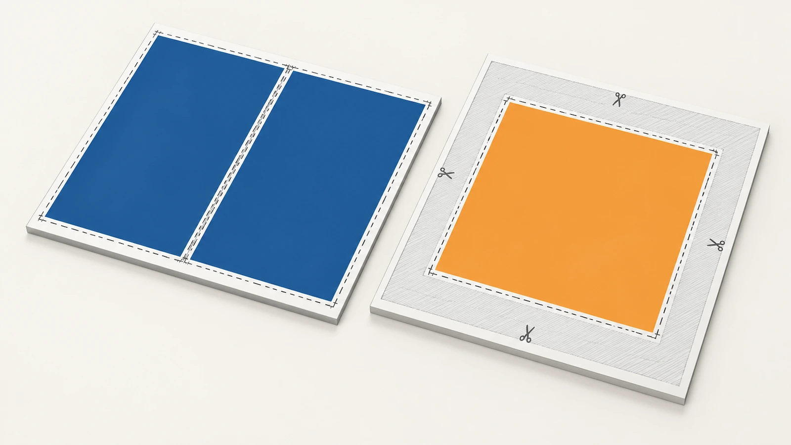 Schema dall'alto di fogli di stampa che mette a confronto la disposizione efficiente delle doppie pagine verticali con quella delle doppie pagine quadrate, che lasciano aree grigie inutilizzate