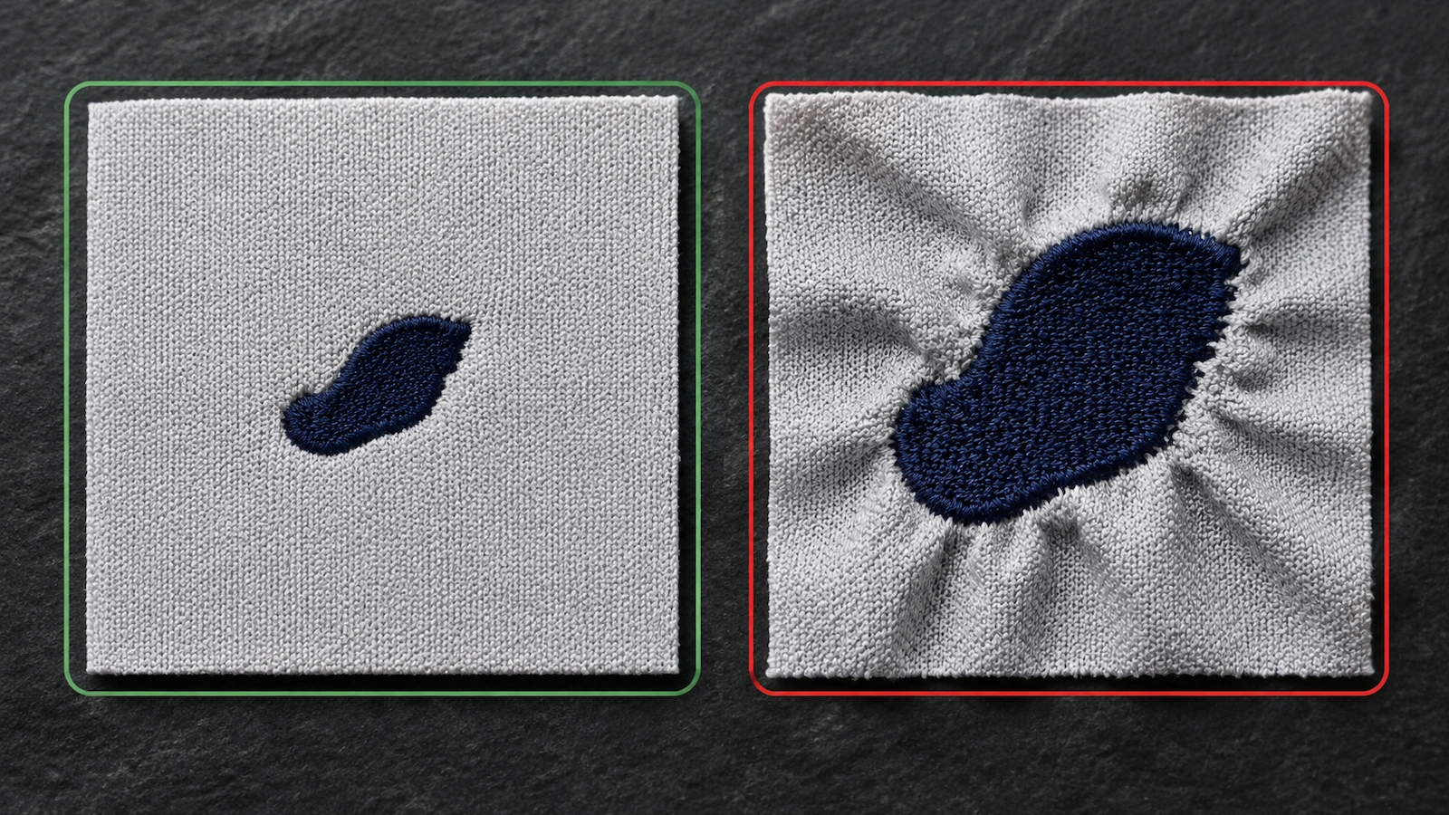 Due campioni di piqué affiancati: uno con un emblema ricamato piatto e pulito, incorniciato di verde, e uno con il tessuto increspato e ondulato intorno ai punti, incorniciato di rosso
