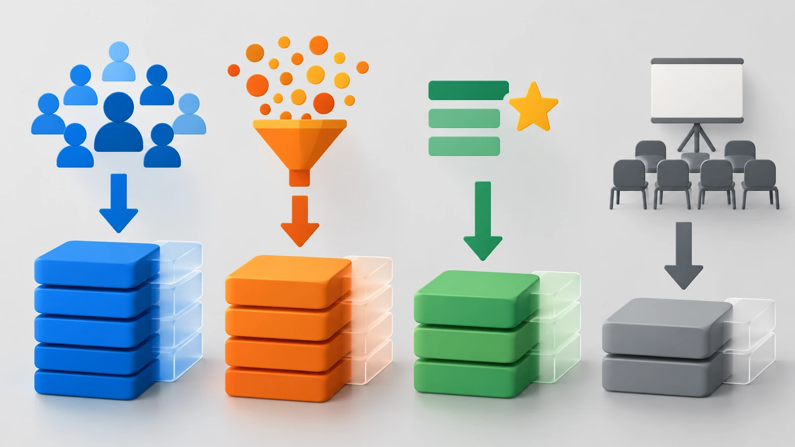 Diagramma di quattro pile di quaderni di altezze diverse, ciascuna alimentata da una propria freccia proveniente da una forma di origine diversa, a indicare che la quantità di ogni programma deriva da un fattore diverso