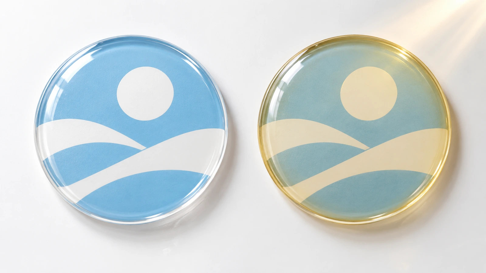 Due badge chiari con cupola identici affiancati: uno perfettamente trasparente e uno con una tonalità ambrata dovuta all'invecchiamento della resina