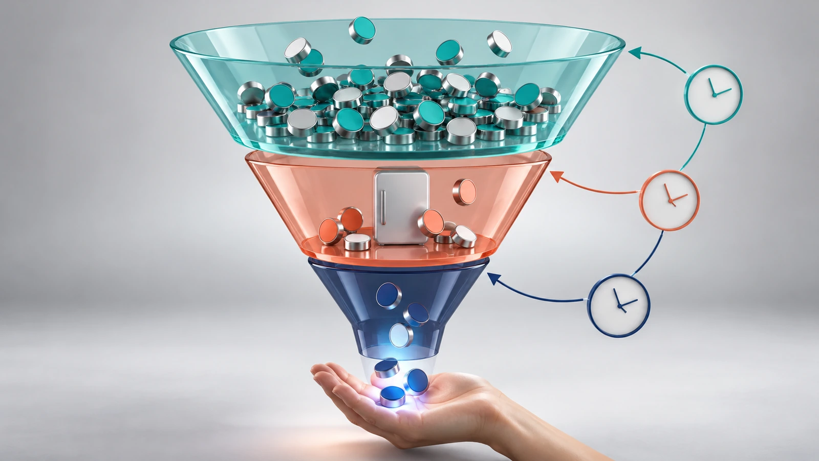 Diagramma a imbuto che si restringe dalle calamite distribuite alle calamite ancora esposte fino alle risposte dei clienti, con fasce colorate e frecce