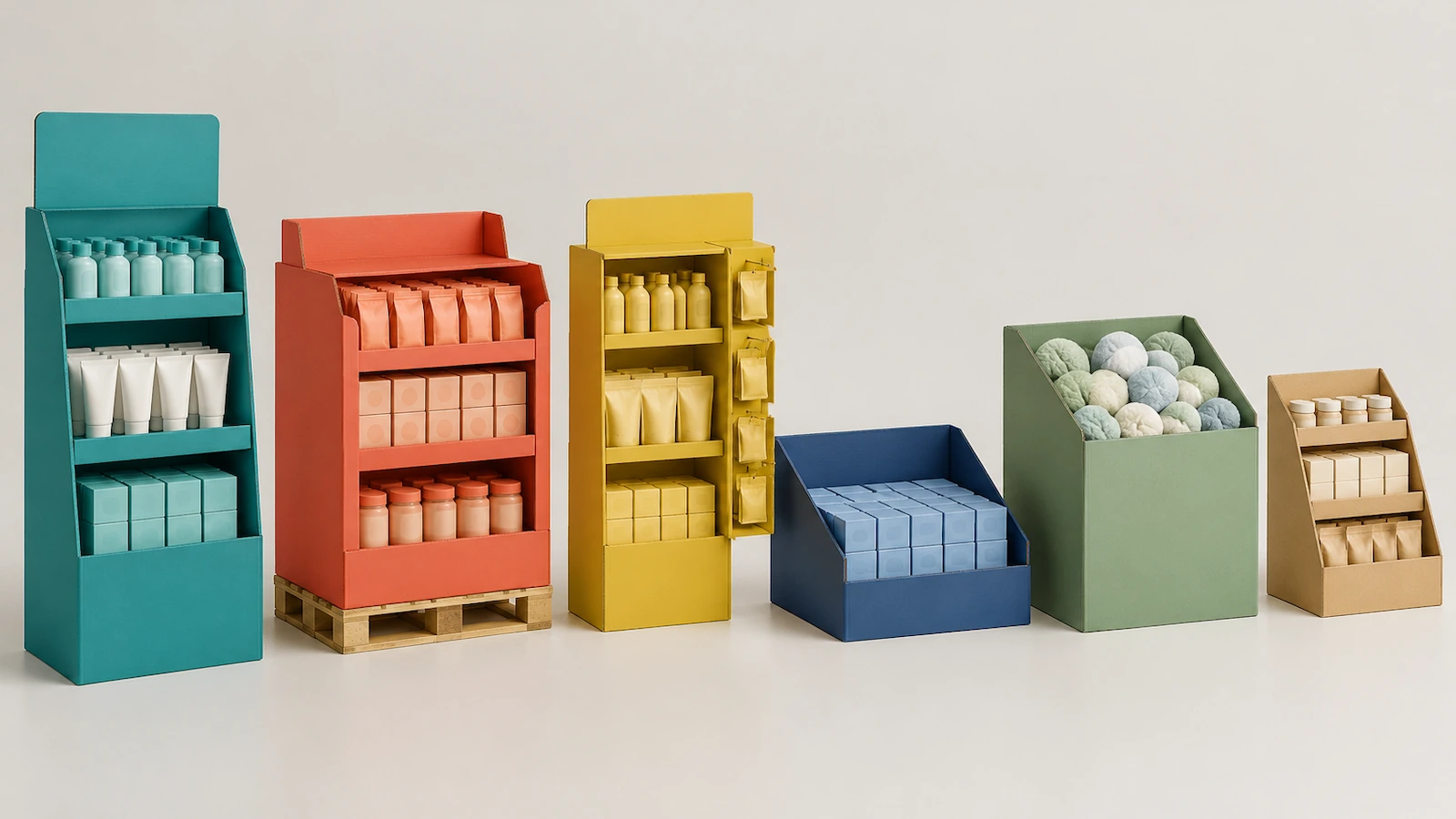 Sei formati di scatole espositore da punto vendita a confronto: un espositore da terra, un espositore su pallet, un espositore di testata con un espositore laterale montato sul fianco, un vassoio pronto per lo scaffale, un cestone aperto e un piccolo espositore da banco