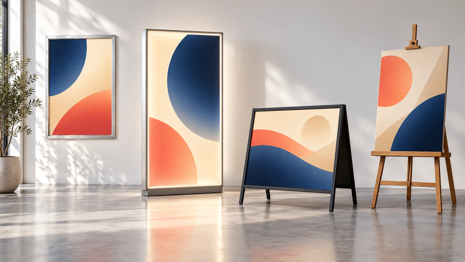 Fila di strutture espositive vuote in uno showroom pulito: una cornice a scatto in alluminio, un cassonetto luminoso retroilluminato, un cavalletto a forma di A da marciapiede e un cavalletto da evento, ciascuno con un semplice poster a blocchi di colore