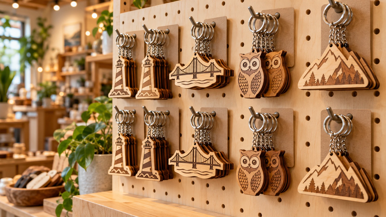 Espositore a pannello forato per la vendita al dettaglio con portachiavi in legno illustrati, a forma di monumenti e mascotte, con variazioni naturali della venatura