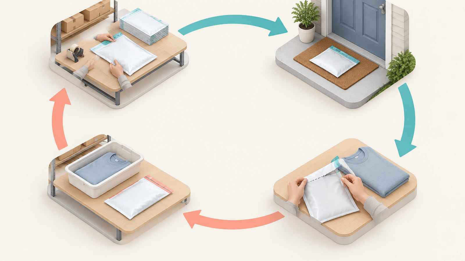 Diagramma circolare di una busta per resi che va dal magazzino alla porta del cliente e torna a un centro resi, con un cambio di colore che indica il passaggio dalla prima alla seconda striscia adesiva