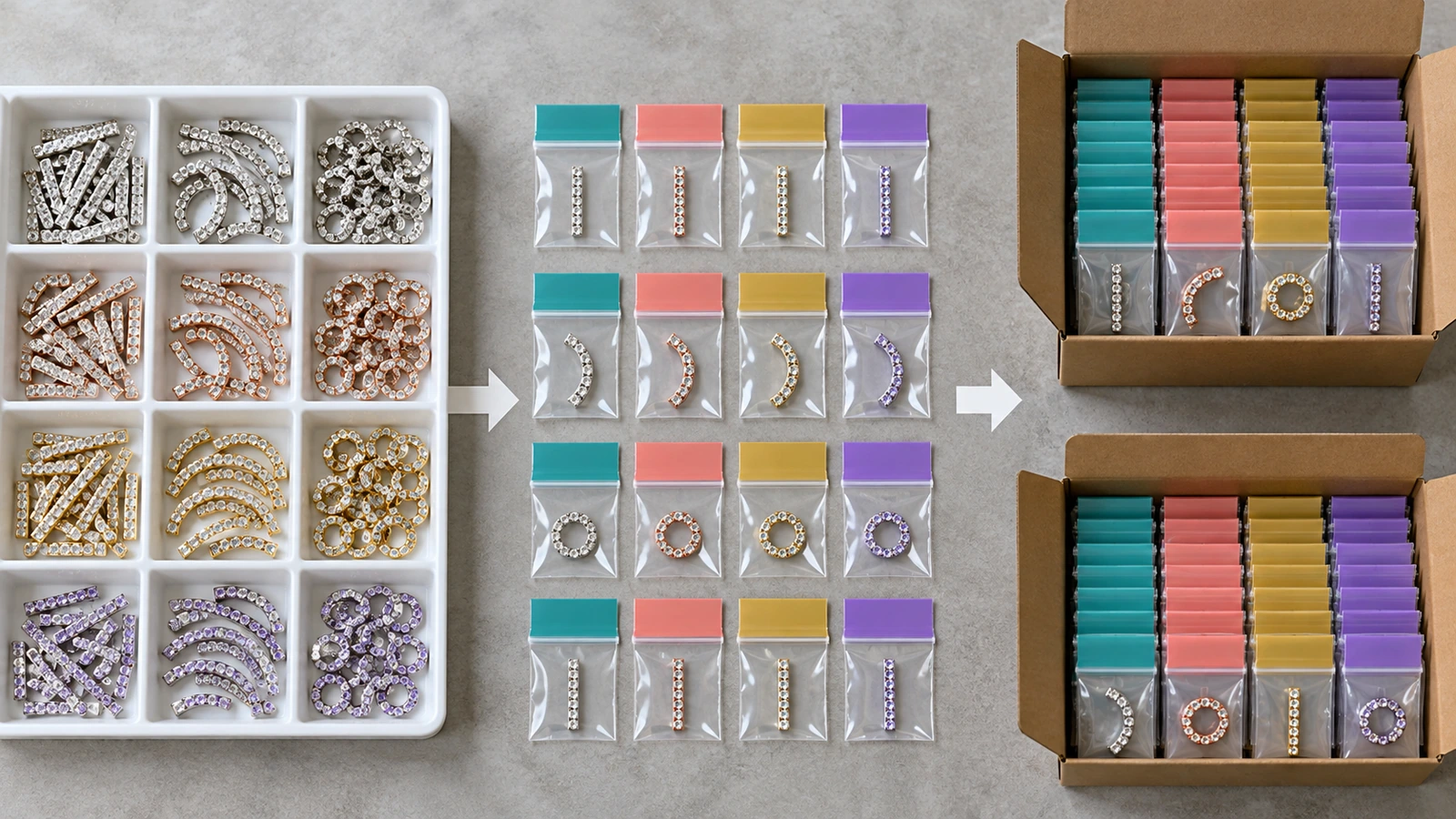 File di piccole buste trasparenti richiudibili disposte a griglia, ciascuna con una linguetta colorata e piccoli pezzi in strass all'interno, ordinate in sequenza da un vassoio di smistamento a scatole di spedizione, per mostrare la composizione dei kit per nome o numero