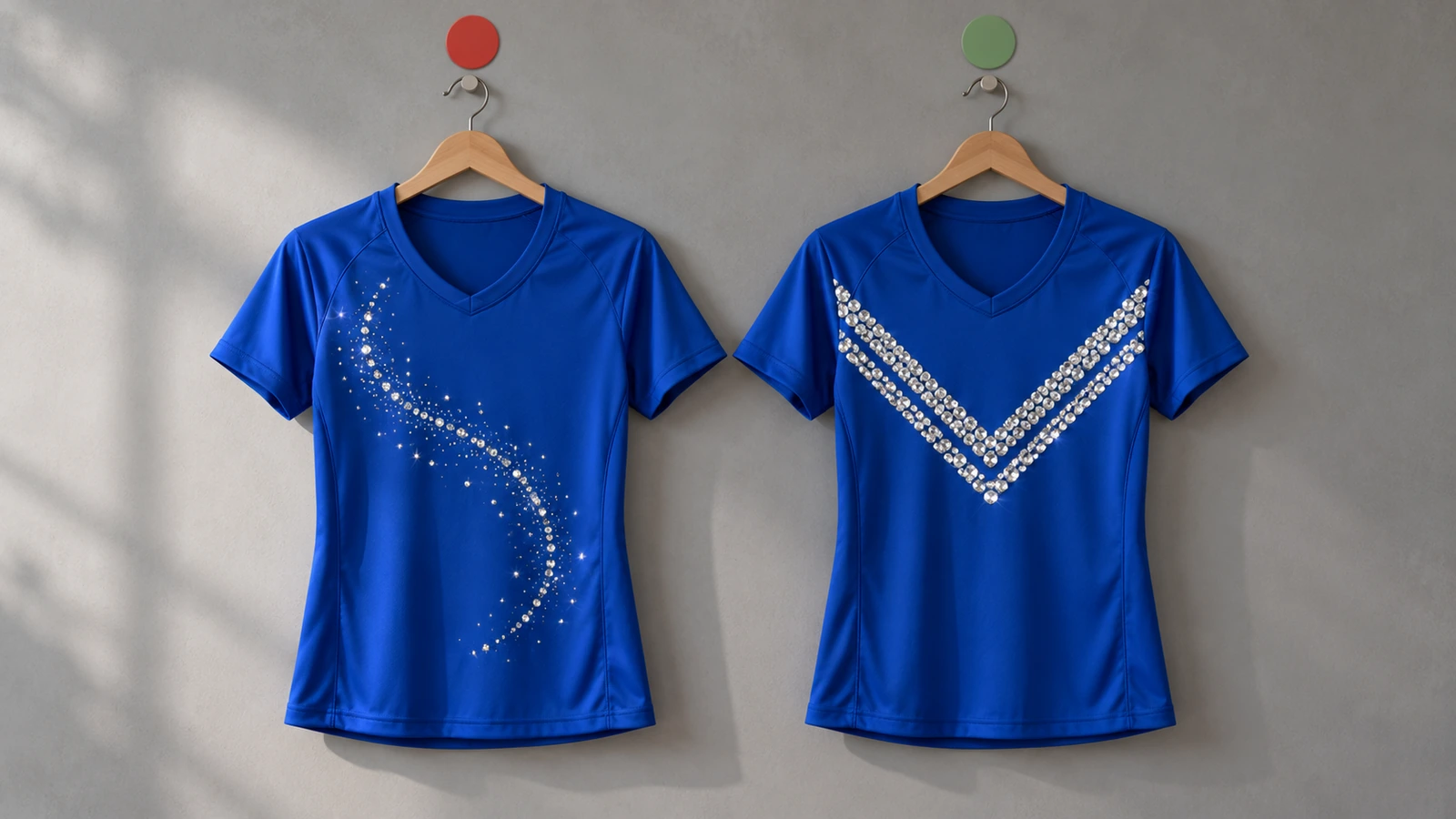 Due schiene di maglia vuote a confronto: una sottile spirale in strass a fila singola che a distanza sfuma in un luccichio sparso e robuste barre in strass a doppia fila che restano nitide, a dimostrazione del perché la larghezza del tratto determini la leggibilità