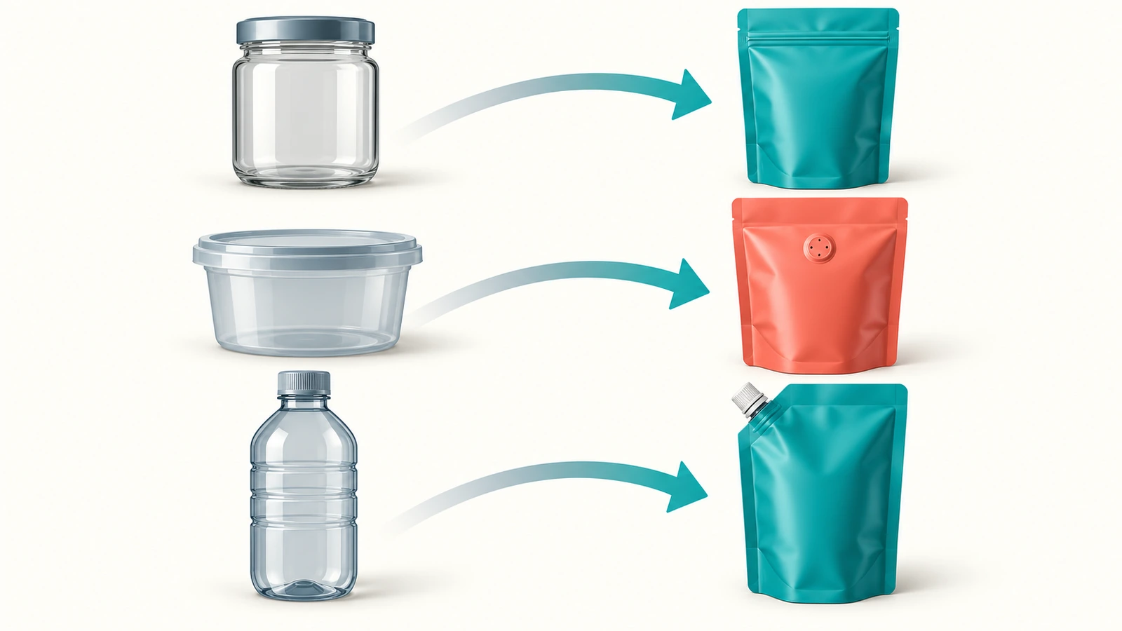 Barattoli di vetro, vaschette e bottiglie di plastica a sinistra, con frecce che portano ai corrispondenti sacchetti autoportanti flessibili a destra