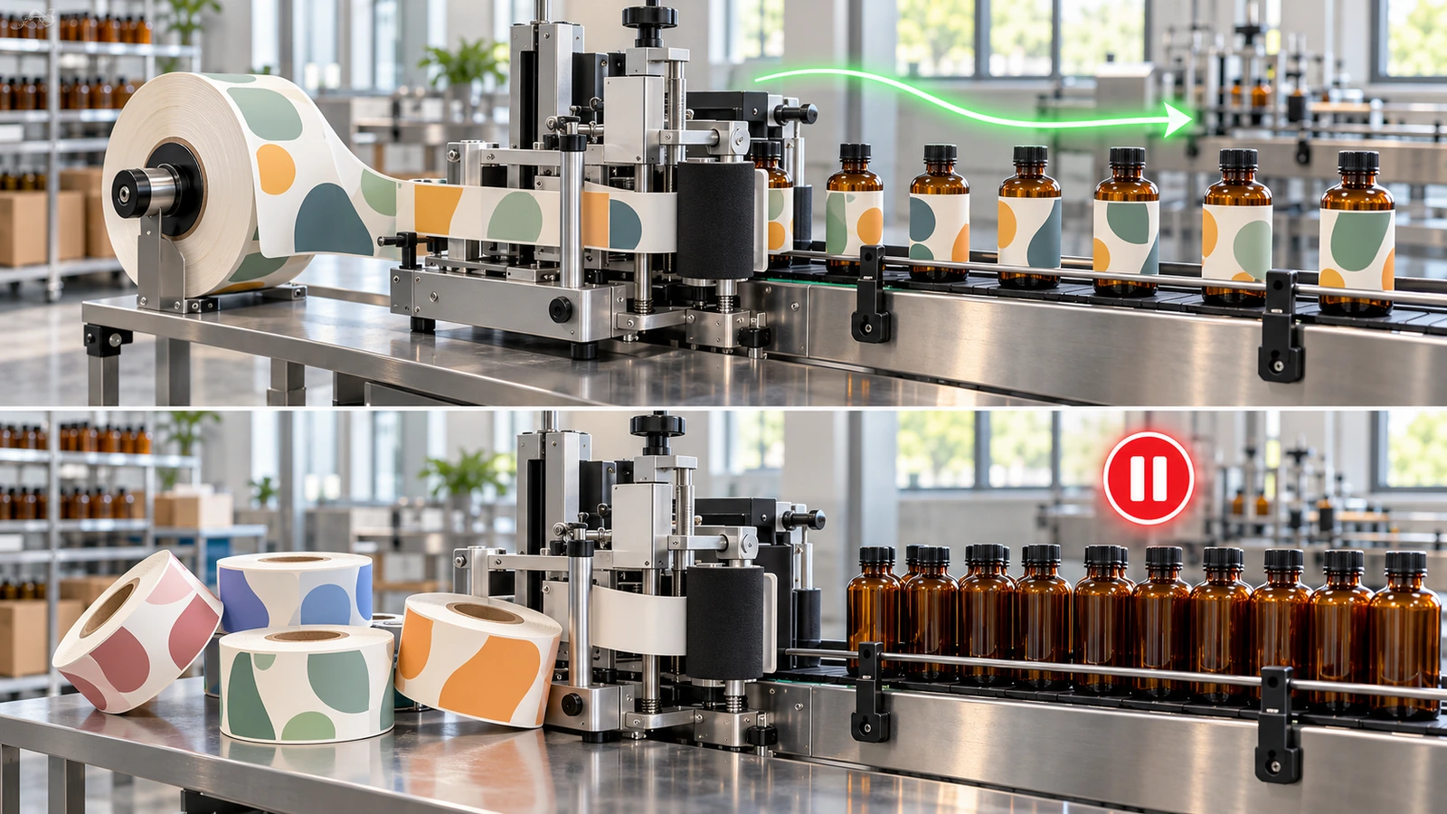 Linea di etichettatura di bottiglie: a confronto una grande bobina continua di etichette che alimenta senza intoppi, indicata da una freccia verde, e diverse bobine piccole che causano un arresto, indicato da un simbolo di pausa rosso
