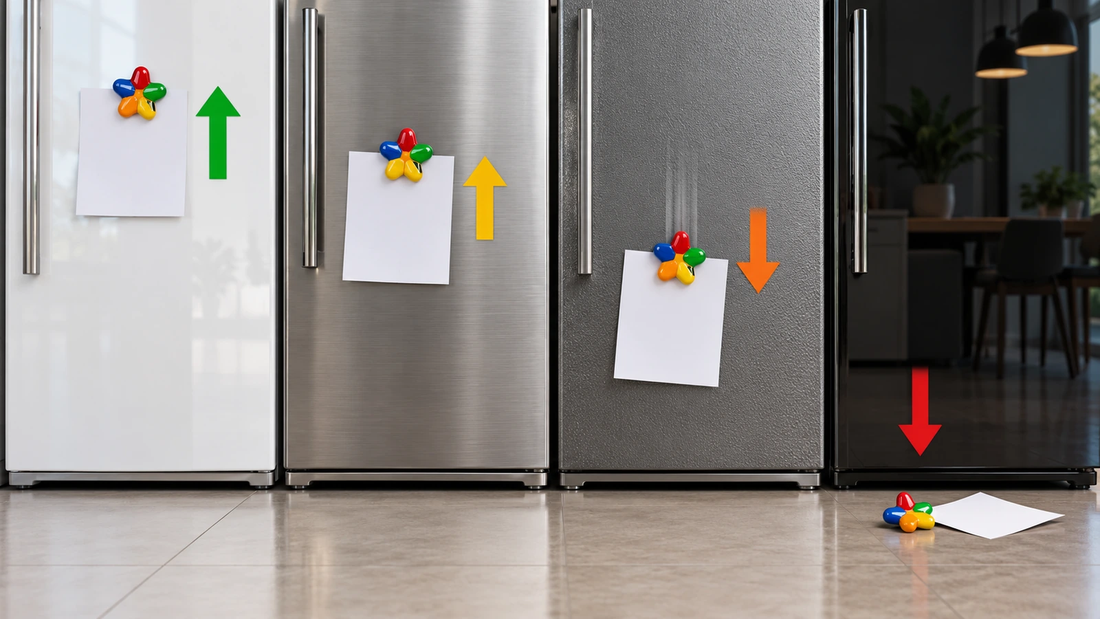 Quattro superfici di porte di frigorifero affiancate – acciaio verniciato, inox spazzolato, finitura texturizzata e pannello in vetro – con frecce che indicano tenuta magnetica forte, parziale, debole e nulla