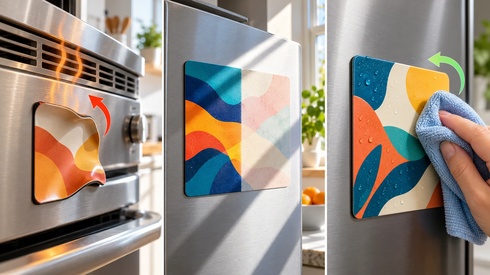 Scena di cucina con un magnete da frigo in gomma deformato vicino a uno sfiato caldo del forno, un magnete sbiadito alla luce di una finestra e un magnete integro che viene pulito con un panno umido