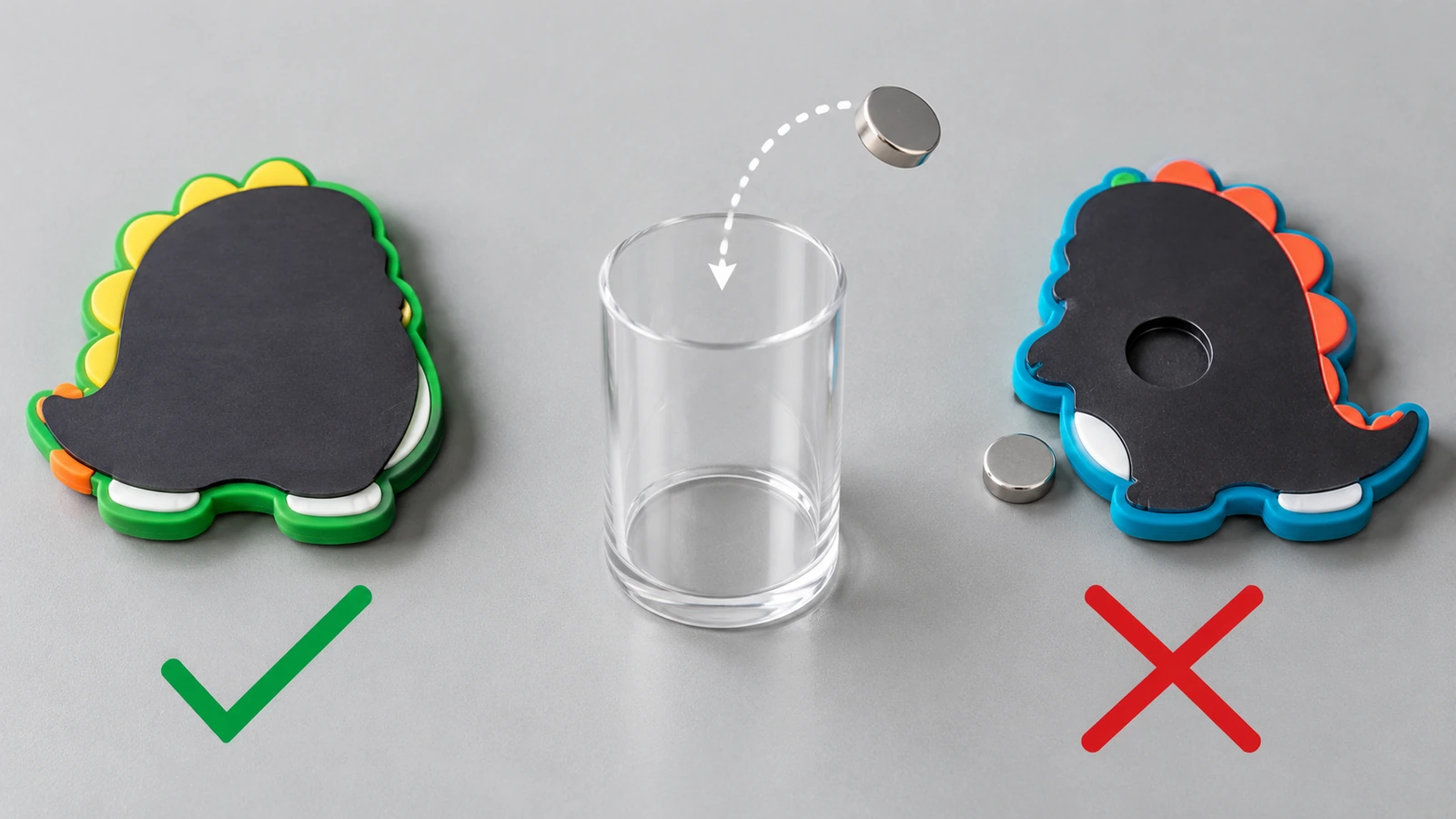 Vista posteriore di un magnete da frigo in PVC morbido con una striscia flessibile incollata a copertura totale, accanto a una versione con un piccolo magnete a disco libero, vicino a un cilindro trasparente per la prova delle piccole parti