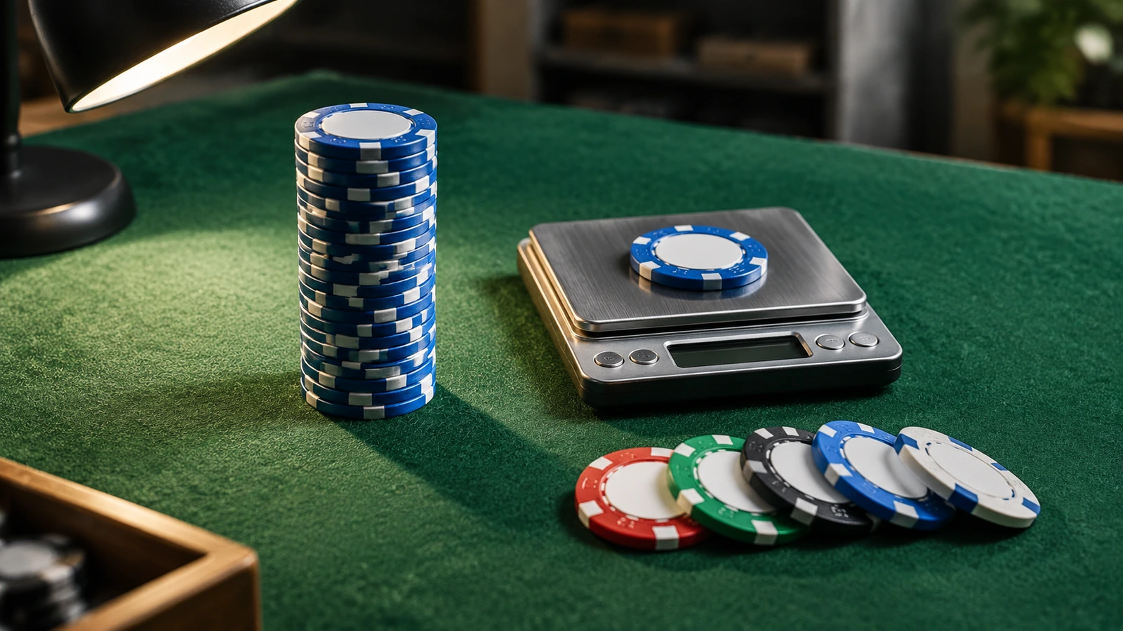 Campioni di chip da poker su un banco di ispezione rivestito di panno verde, accanto a una bilancia digitale, una pila dritta che non richiede il righello e una lampada da scrivania