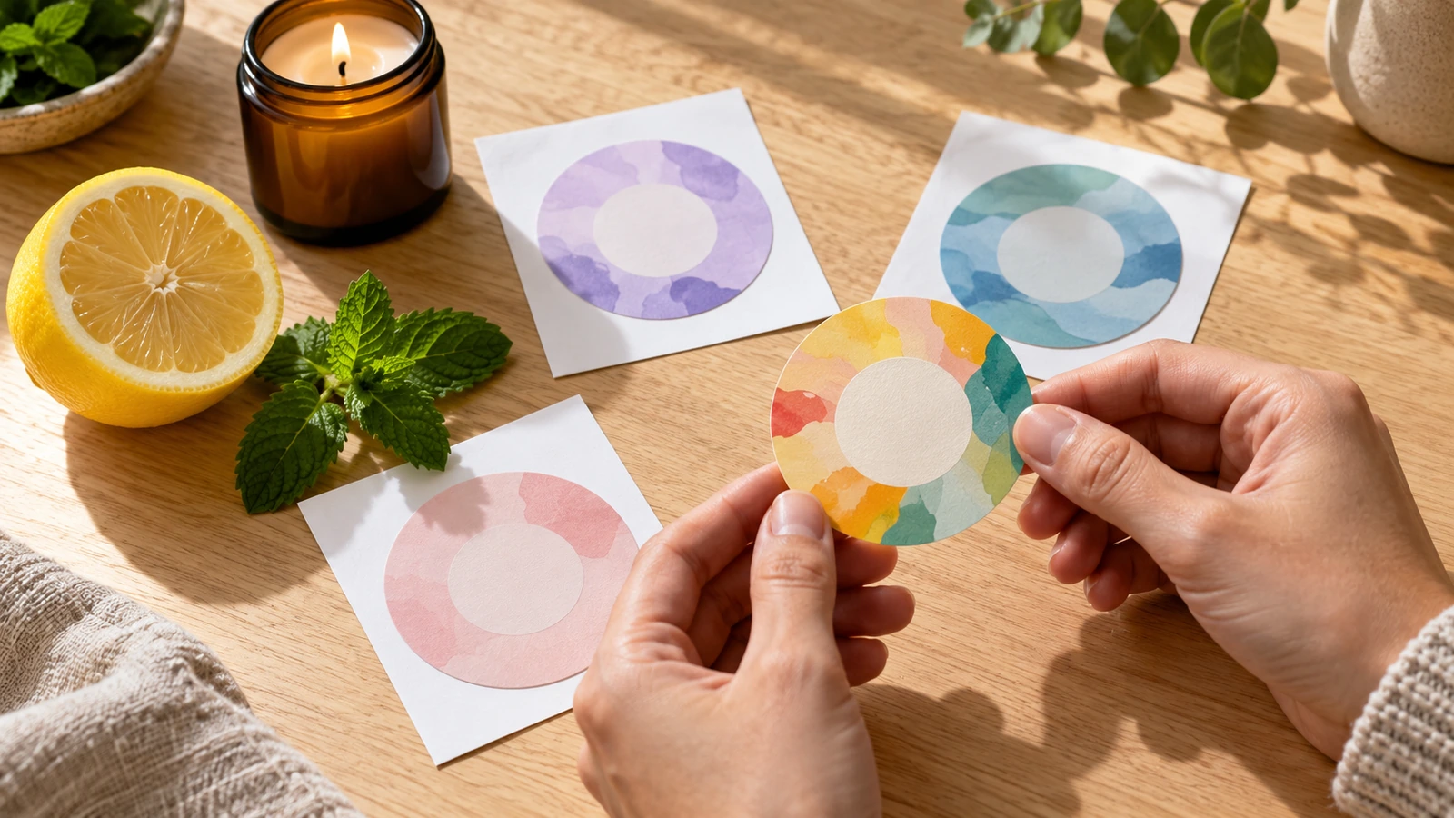 Le mani di un acquirente confrontano un campione di adesivo profumato senza etichetta con un limone fresco, un rametto di menta e una candela su un banco di lavoro pulito