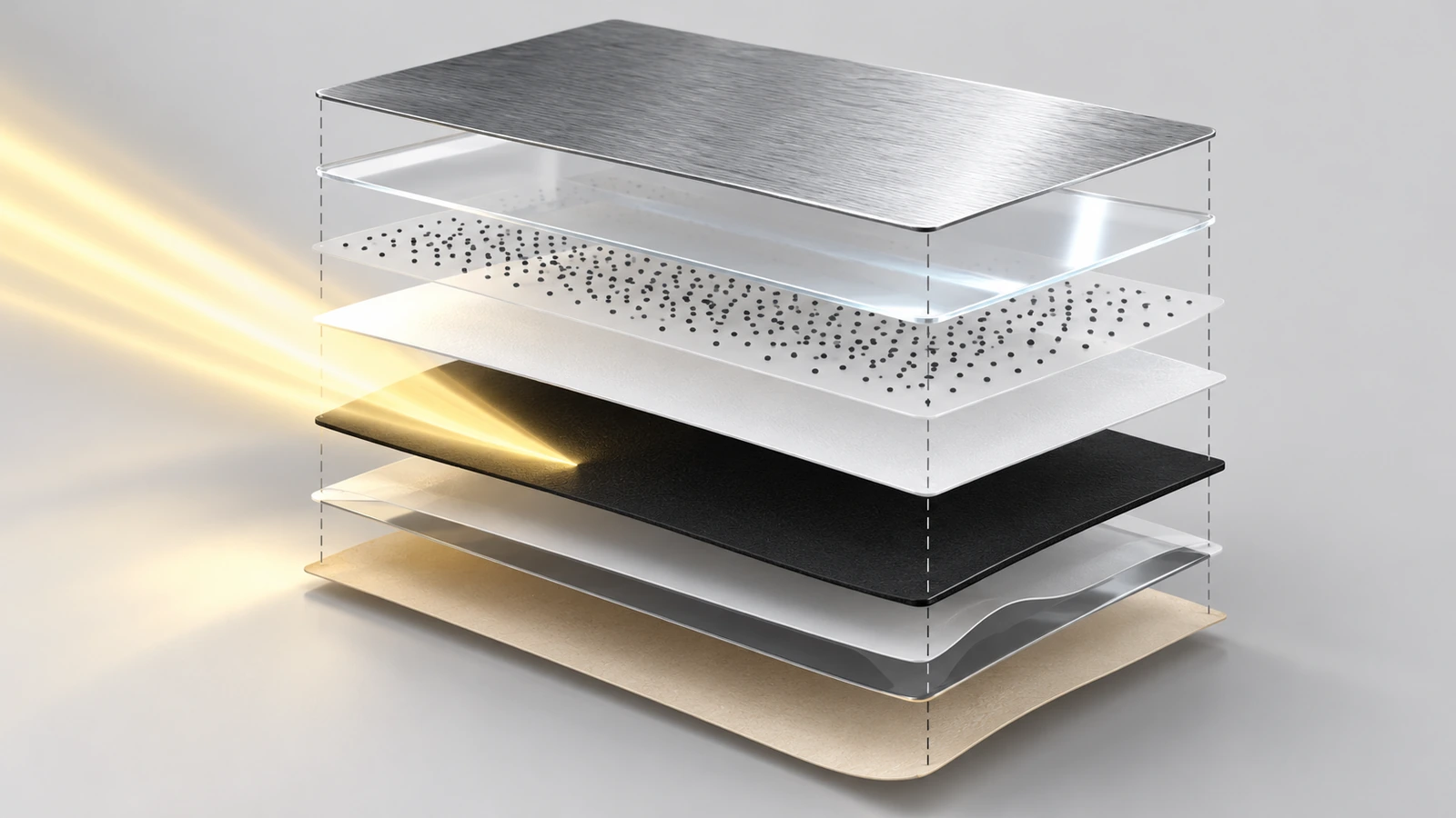 Sezione trasversale esplosa di un'etichetta da grattare che mostra il materiale frontale, uno strato scuro che blocca la luce, uno strato bianco, una vernice trasparente e un rivestimento metallico da grattare