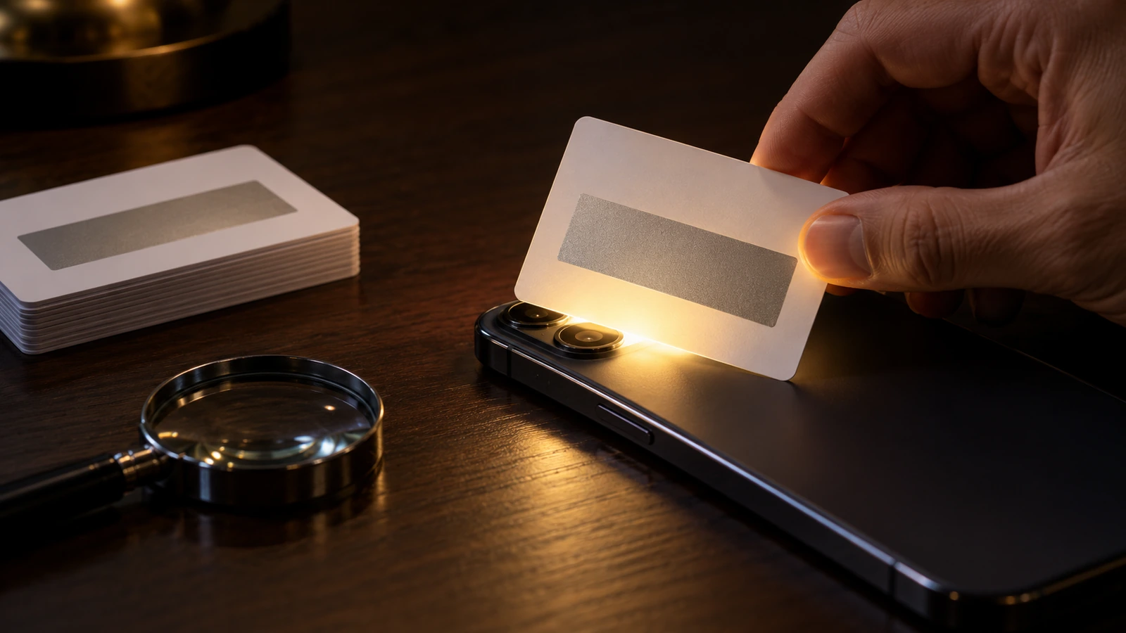 Mano che tiene una carta grattabile sopra la torcia di un telefono in una stanza buia, per verificare se il codice nascosto si vede in trasparenza attraverso il pannello argento