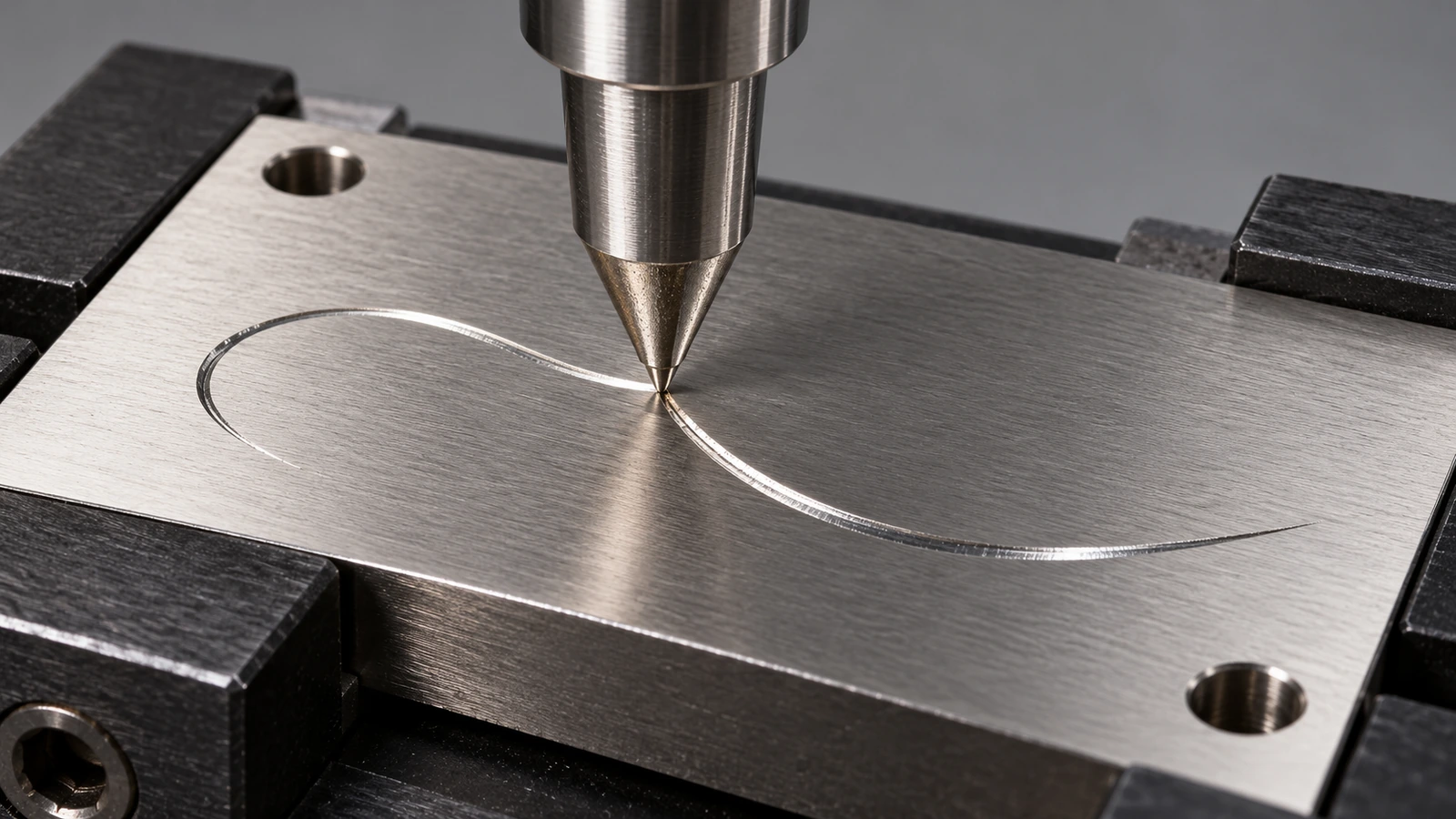 Stilo con punta di diamante che traccia un solco continuo su una targhetta in acciaio inox satinato