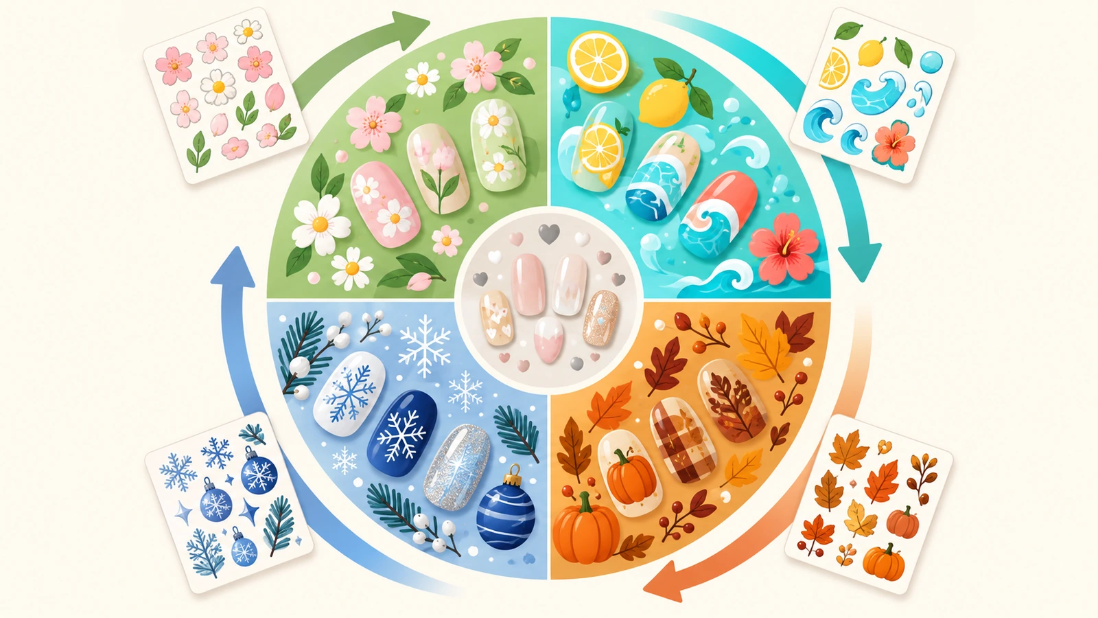 Calendario stagionale circolare diviso in 4 quadranti codificati per colore, con fiori primaverili, frutta estiva, foglie autunnali e motivi di fiocchi di neve invernali, e frecce che mostrano la grafica pianificata un quadrante prima di ogni lancio
