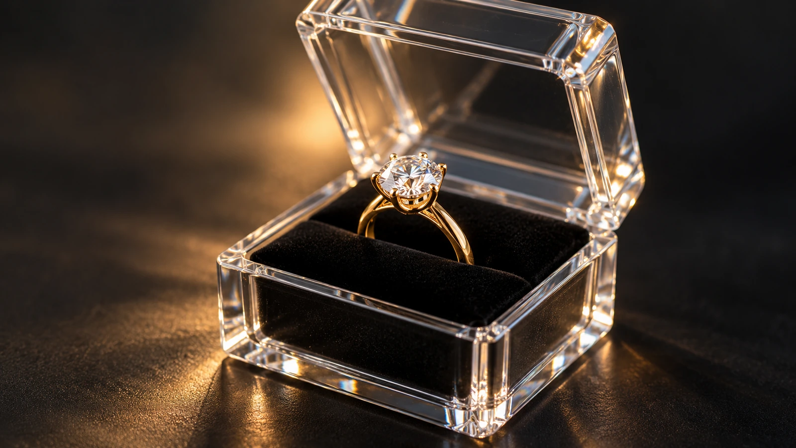 Primo piano di un anello tenuto in posizione verticale da un inserto con fessure all'interno di una piccola scatola trasparente, con luce soffusa che attraversa le pareti trasparenti