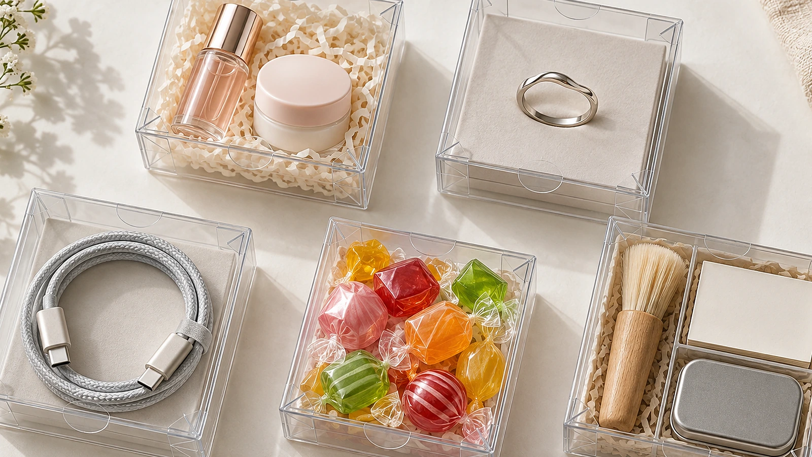 Cinque piccole scatole di plastica trasparenti su una superficie chiara, contenenti una fiala di campione cosmetico, un anello, un cavo di ricarica avvolto, caramelle colorate e un mini kit promozionale