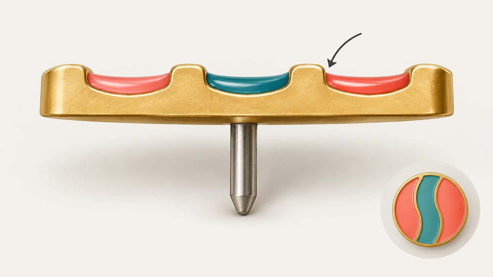 Illustrazione in sezione di una spilla in smalto morbido che mostra lo smalto colorato posto sotto le creste metalliche in rilievo su una base placcata