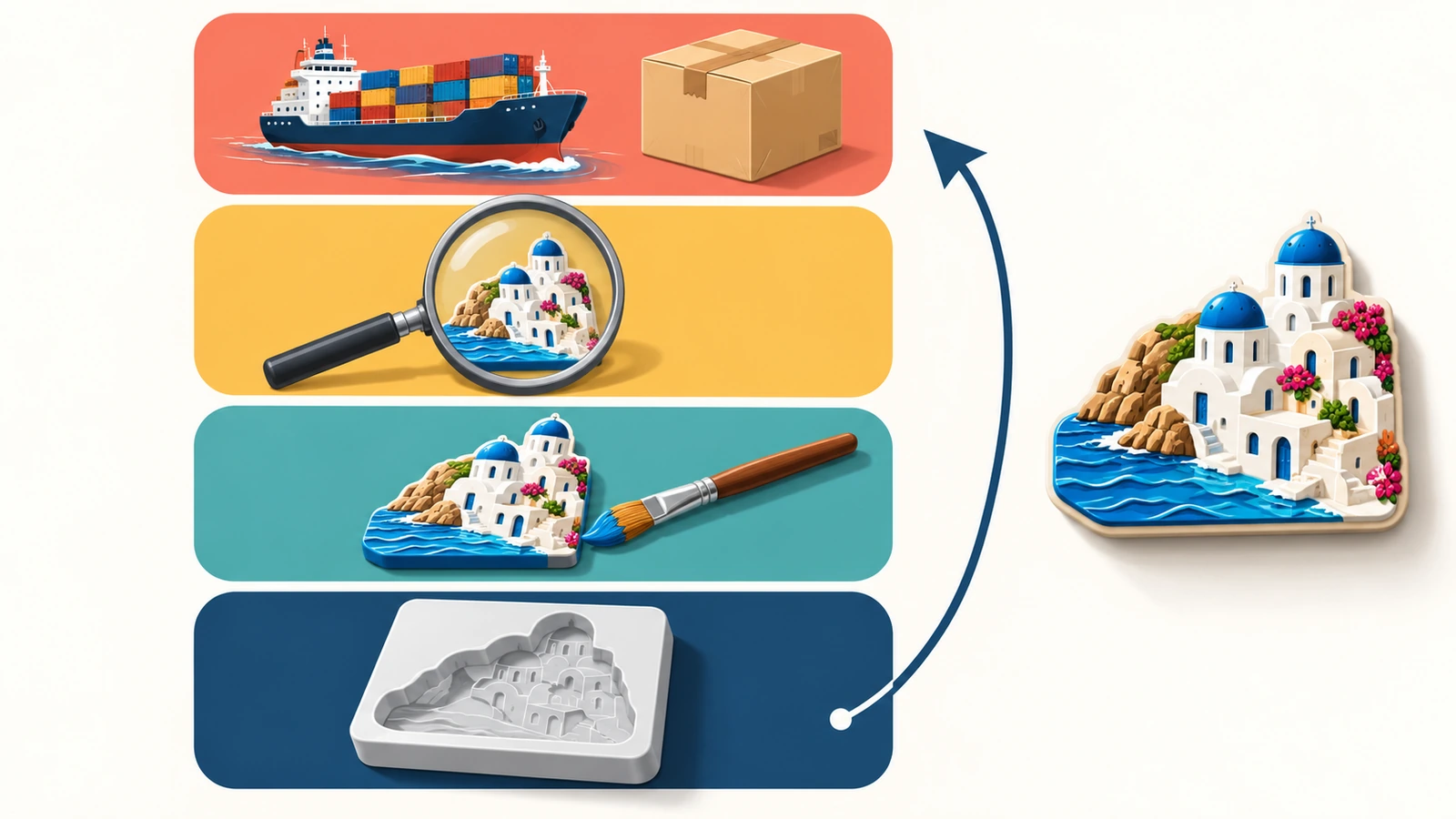 Diagramma di quattro strati di costo sovrapposti per un magnete souvenir personalizzato: attrezzatura, produzione unitaria, commissioni d'ordine e spedizione