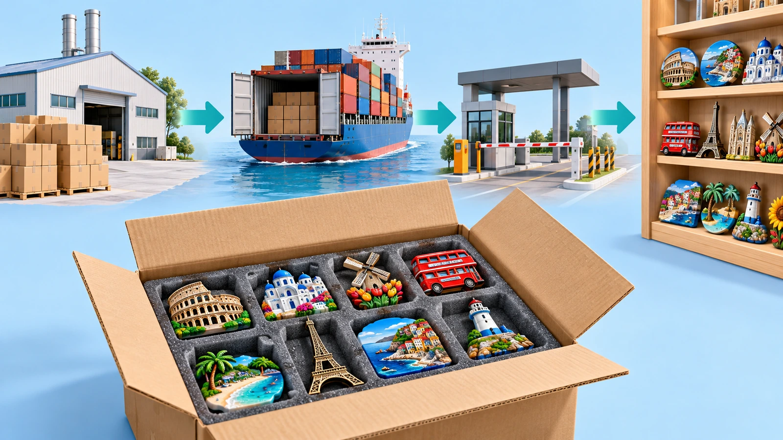 Cartoni di magneti souvenir imballati in movimento dalla fabbrica al container di carico e allo scaffale del negozio, mostrati con frecce direzionali