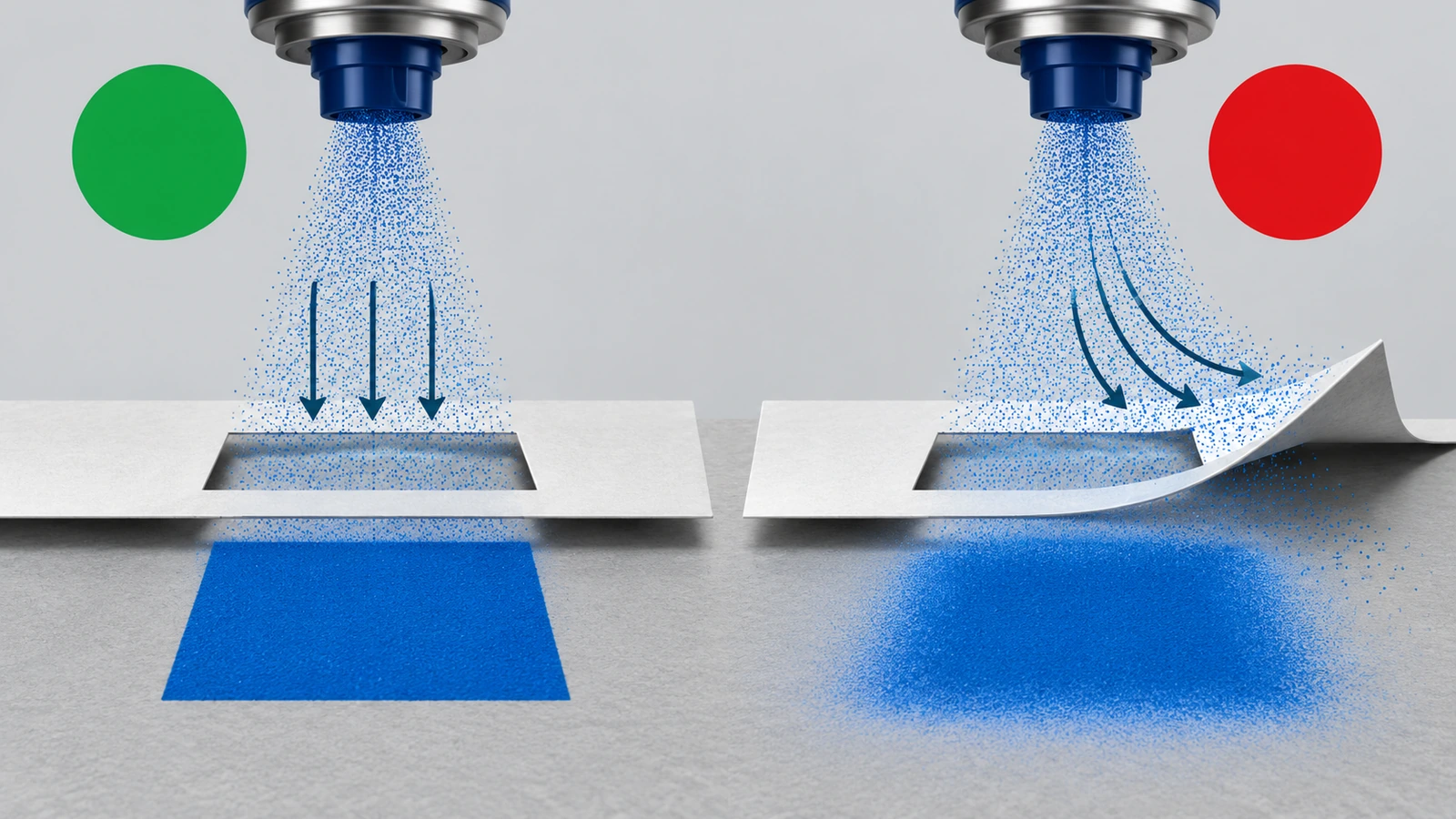 Diagramma in sezione che mostra la nebbia dello spray che raggiunge la superficie attraverso il bordo piatto di uno stencil, a confronto con la nebbia che si insinua sotto il bordo sollevato di uno stencil