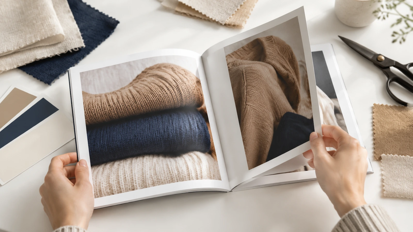 Mani che sfogliano un lookbook di moda quadrato su un tavolo con campioni di tessuto e cartelle colore