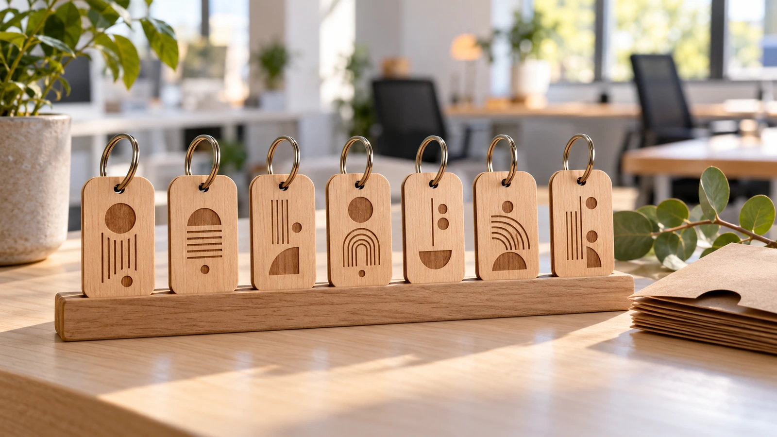 Fila di portachiavi in legno coordinati per il riconoscimento del personale, ciascuno inciso con un motivo astratto diverso, a rappresentare la personalizzazione con il nome individuale