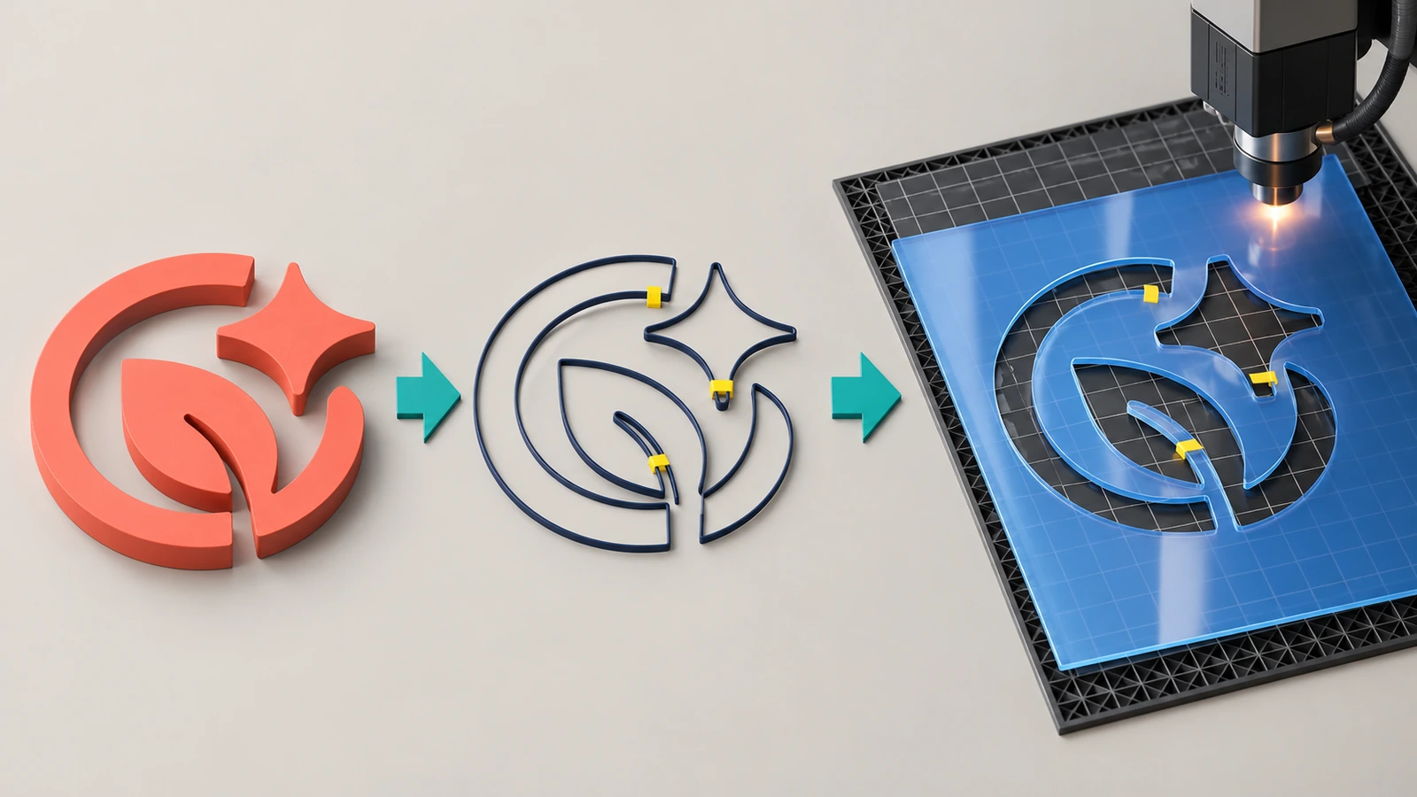 Flusso di lavoro da una forma astratta di logo a un contorno vettoriale con ponticelli evidenziati e a un foglio stencil tagliato e traslucido