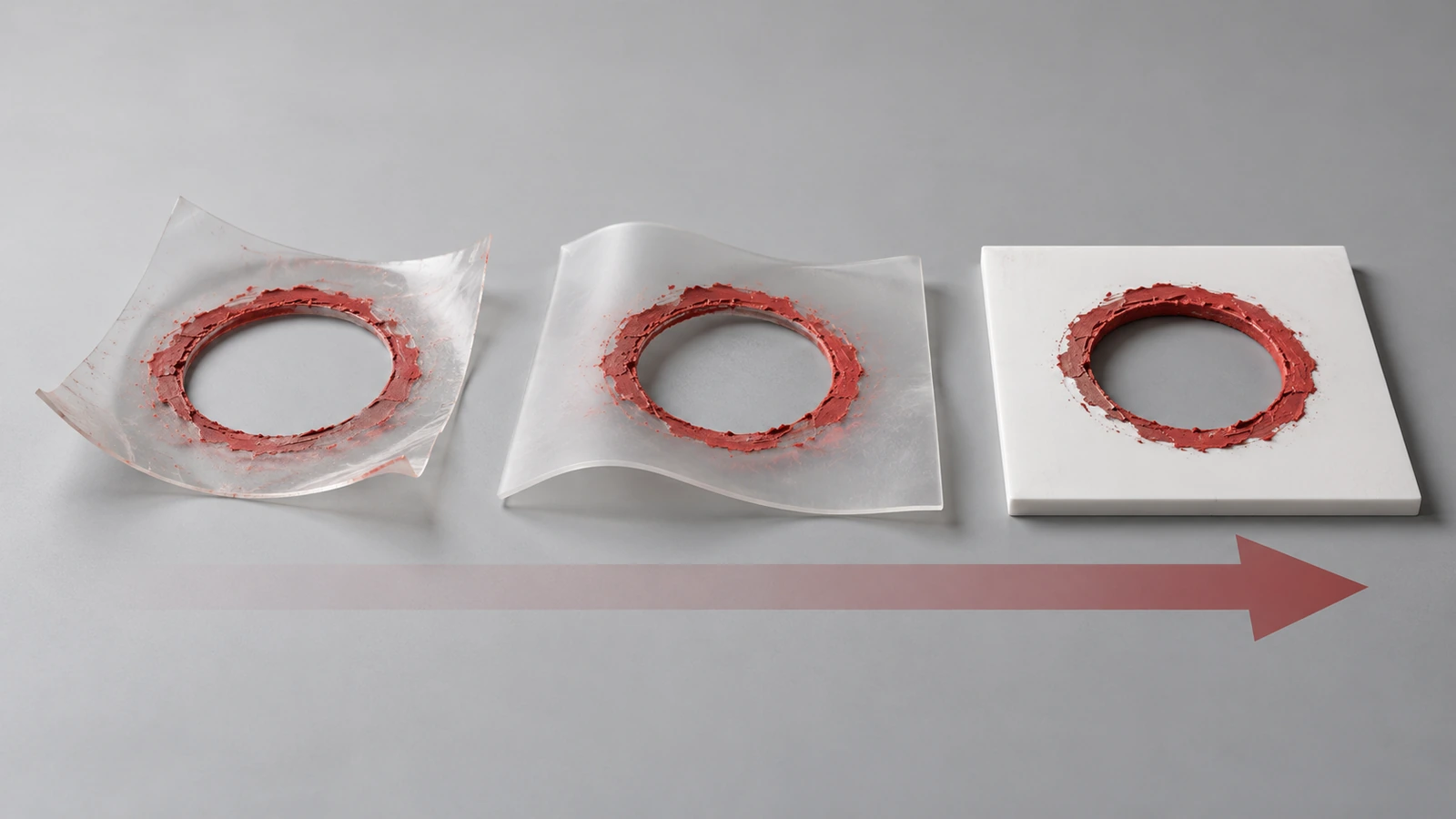 Illustrazione affiancata di fogli stencil in film sottile, film medio e polietilene spesso dopo passate di spruzzo ripetute, con il foglio sottile arricciato e quello spesso ben piatto