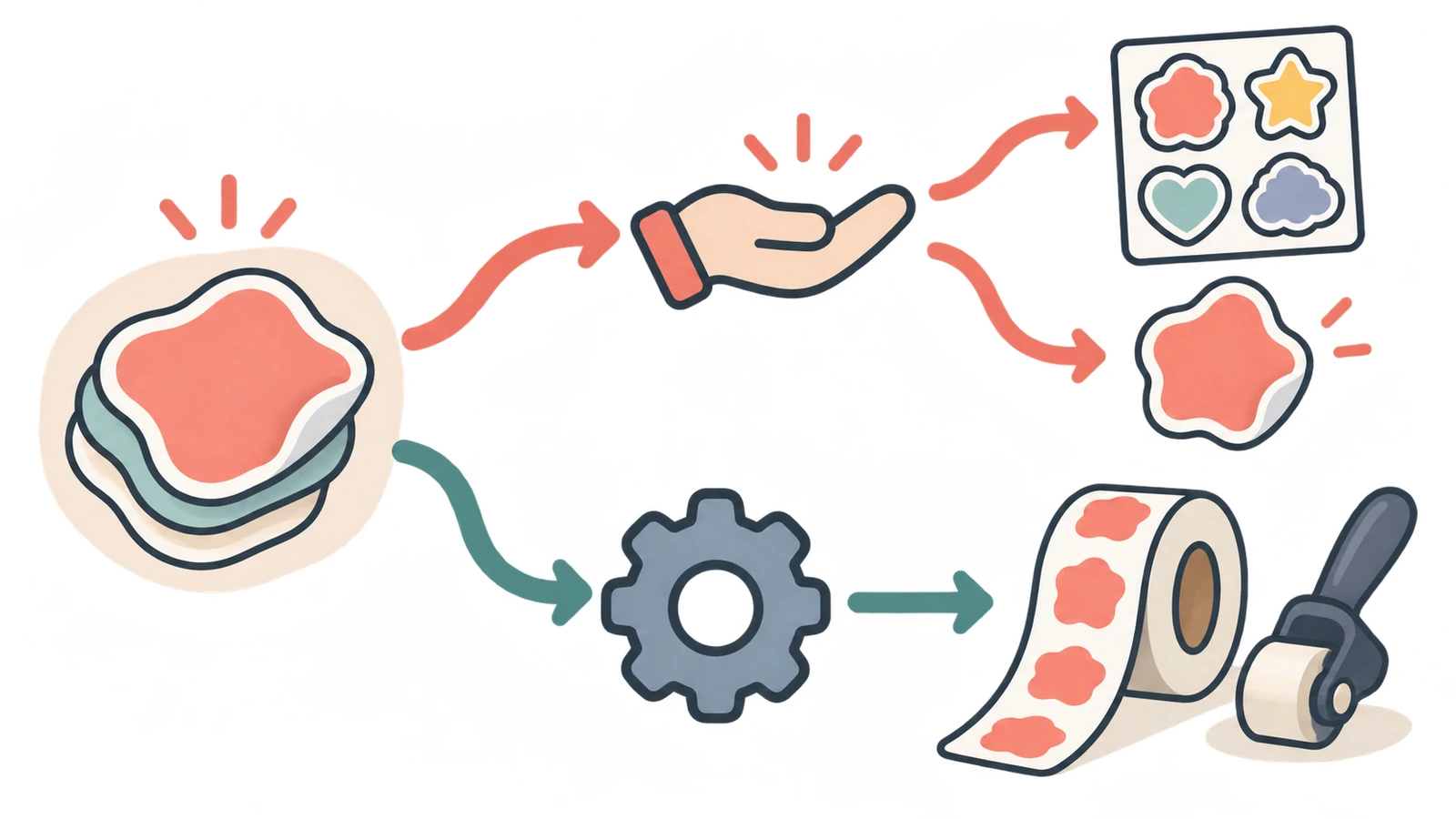 Diagramma di flusso decisionale che mostra un percorso di applicazione manuale che si divide in fogli o adesivi singoli e un percorso di applicazione a macchina che porta ai rotoli