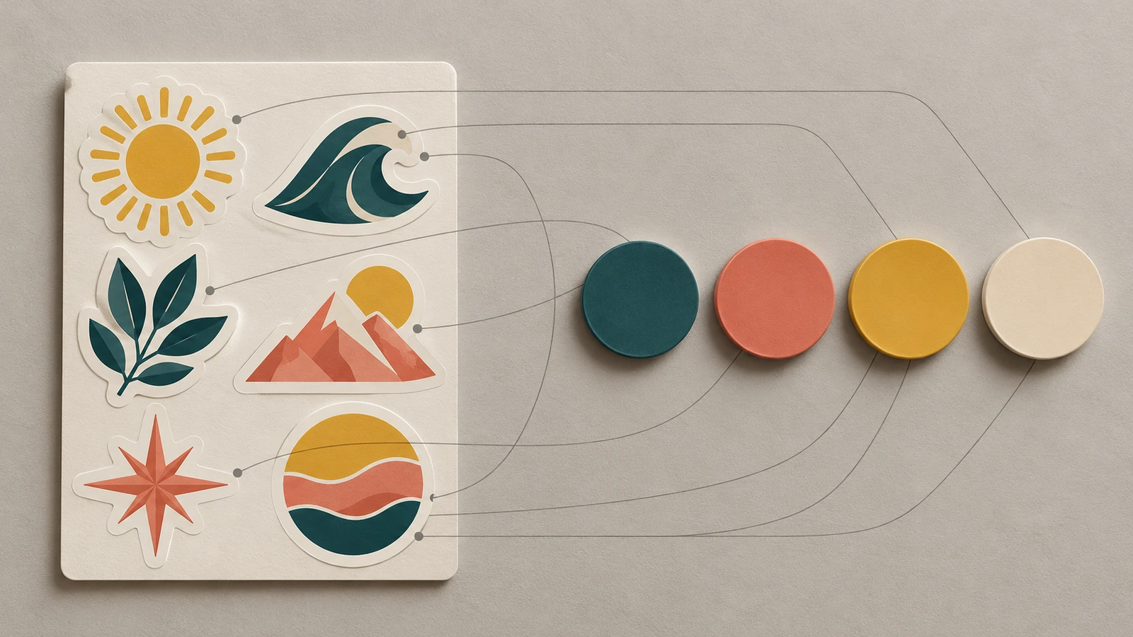 Una serie di adesivi kiss-cut in colori coordinati accanto a campioni di colore rotondi corrispondenti, che mostrano un'unica palette condivisa