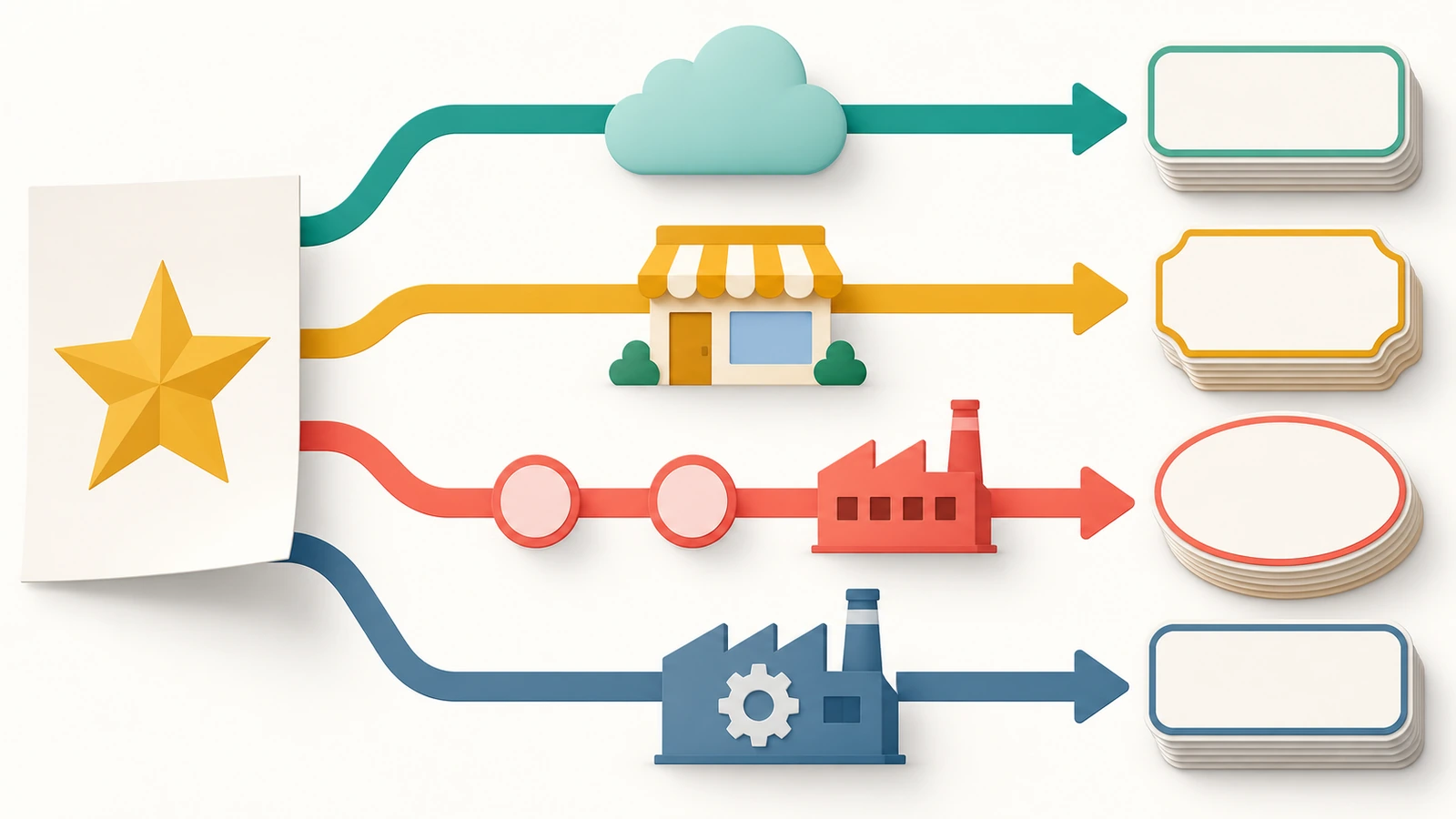 Schema di quattro percorsi di approvvigionamento dalla grafica di un brand agli adesivi finiti: negozio online, tipografia locale, agente commerciale e produttore diretto, con il numero di passaggi di mano indicato da frecce