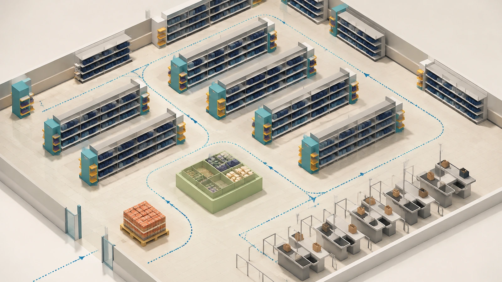 Pianta dall'alto del negozio che mostra quale formato di espositore si adatta a ogni zona: unità su pallet vicino all'ingresso, espositori di testata a fine corsia, vassoi sugli scaffali, un cestone nell'area stagionale ed espositori da banco alle casse