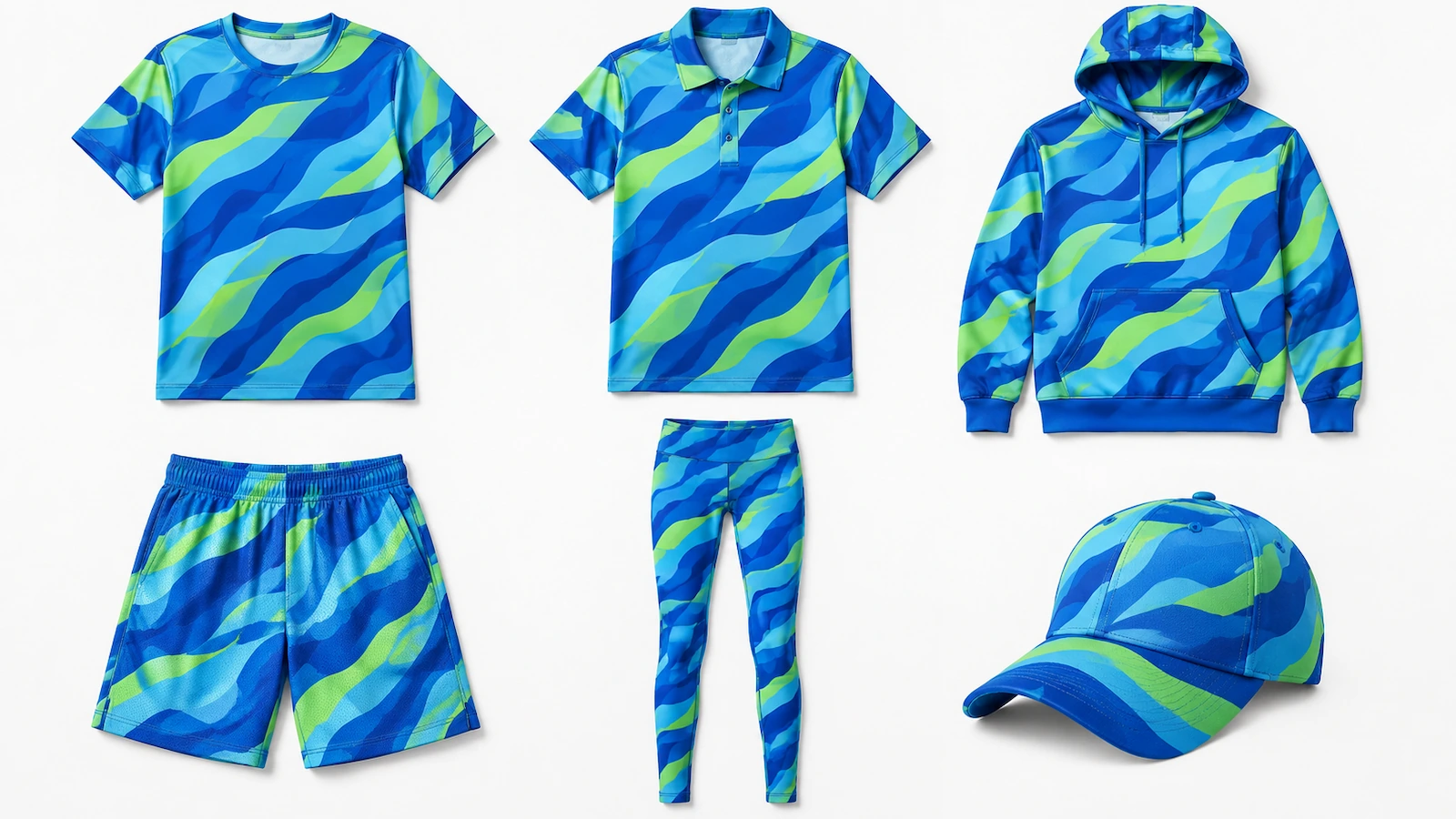 Gamma coordinata di abbigliamento sublimato stesa in piano: maglia da gioco, polo, felpa con cappuccio, pantaloncini, leggings e cappellino con un unico motivo cromatico astratto