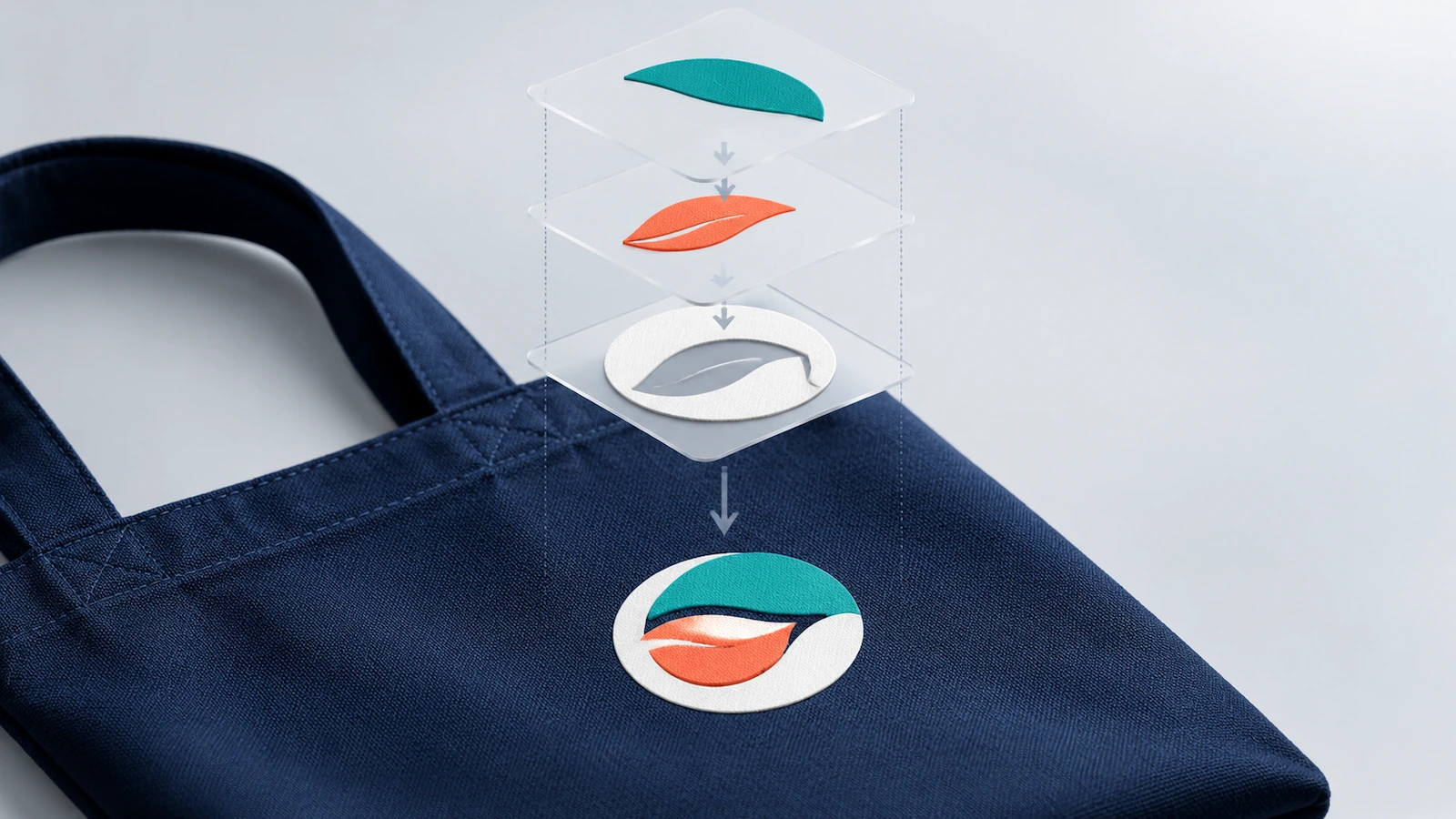 Illustrazione esplosa di livelli di colore traslucidi che si separano dal pannello di una borsa tote, con uno strato di sottofondo bianco sotto due livelli di tinte piatte