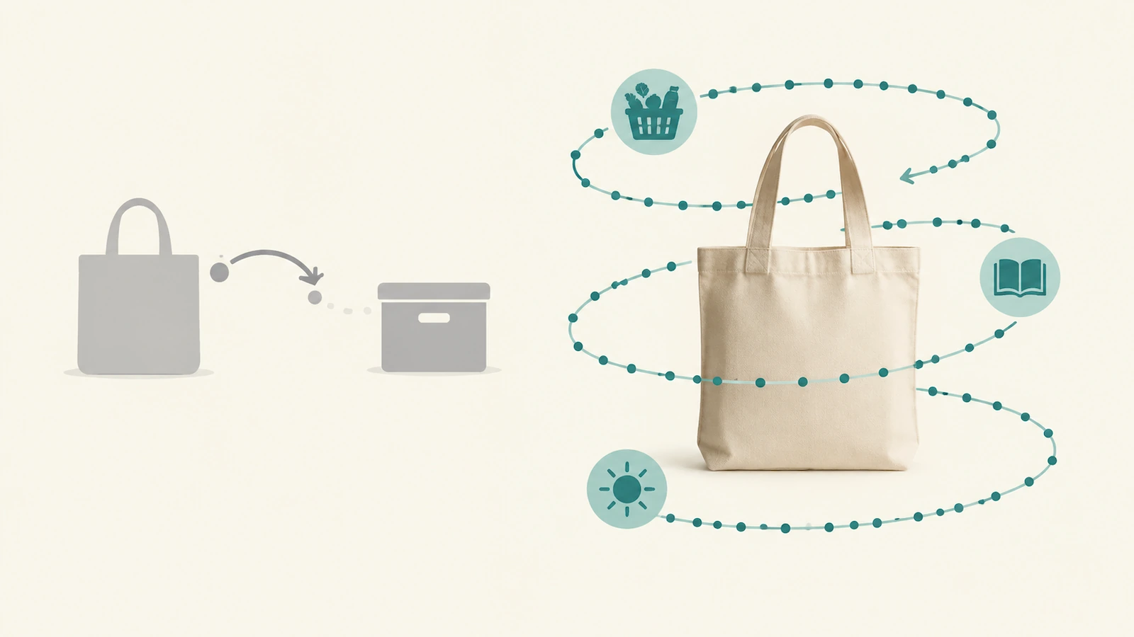 Schema che contrappone una shopper leggera con un breve ciclo di riutilizzi a una shopper in tela pesante con una lunga catena di cicli di riutilizzo