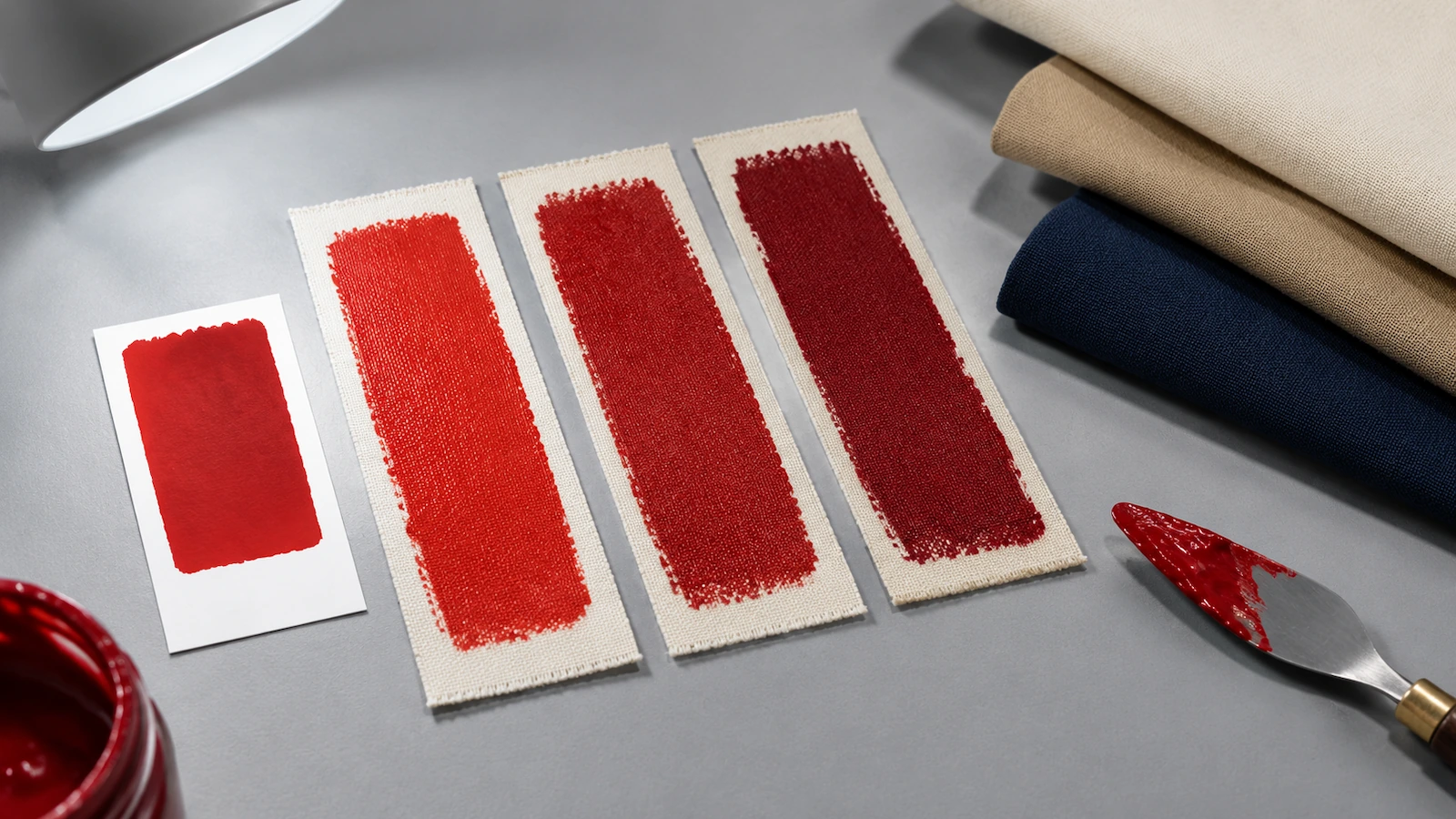 Campioni di inchiostro stesi su strisce di tela accanto al tessuto colorato di una borsa tote sotto una lampada a luce diurna neutra, per l'abbinamento del colore