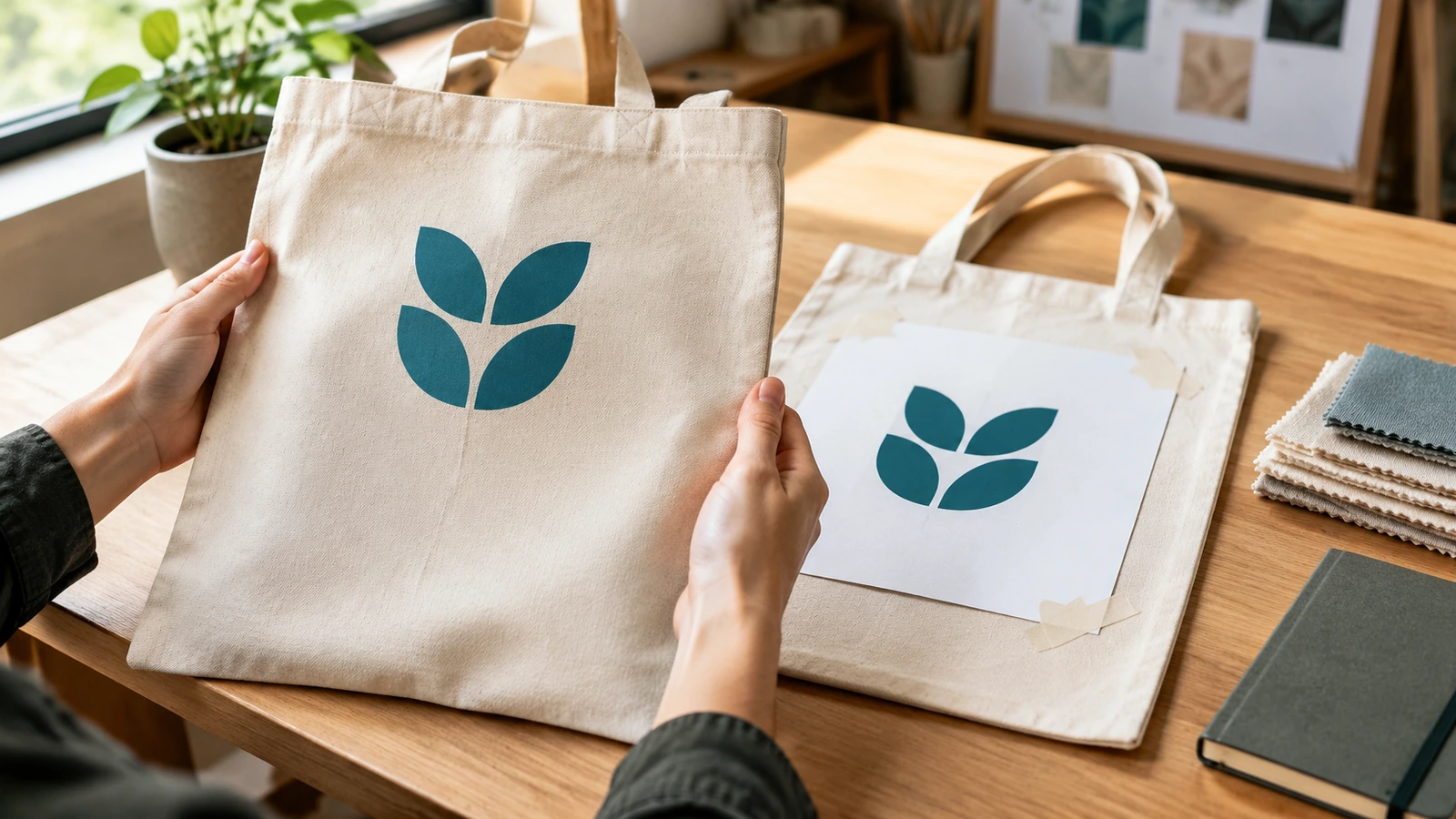 Mani che tengono una borsa tote campione stampata accanto a un bozzetto cartaceo della grafica su un tavolo di lavoro, per confrontare posizione di stampa e colore alla luce del giorno