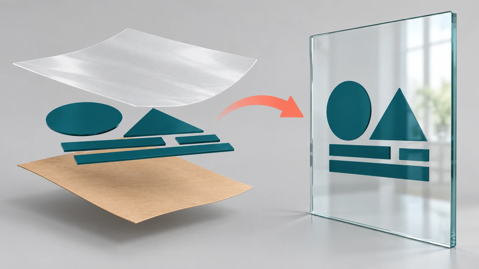 Schema esploso di una decalcomania transfer con supporto siliconato, forme separate in vinile tagliato e nastro di applicazione, con una freccia che sposta le forme su una lastra di vetro