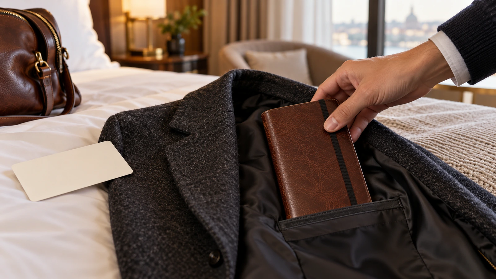 Diario da viaggio in pelle che scivola nella tasca interna di una giacca accanto a un cartoncino bianco grande come una carta d'imbarco, a mostrare un formato comodo da portare